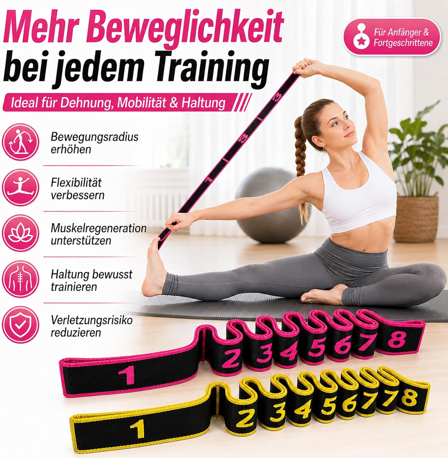 2er-Pack Gymnastikbänder mit Schlaufen, Fitnessbänder, Widerstandsbänder, 8 Schlaufen, verstellbares Theraband, Terraband-Bänder-Set für Yoga, Pilates, Physiotherapie, Krafttraining, Stoff-Stretchband (Rosa+Gelb) – Bild 9