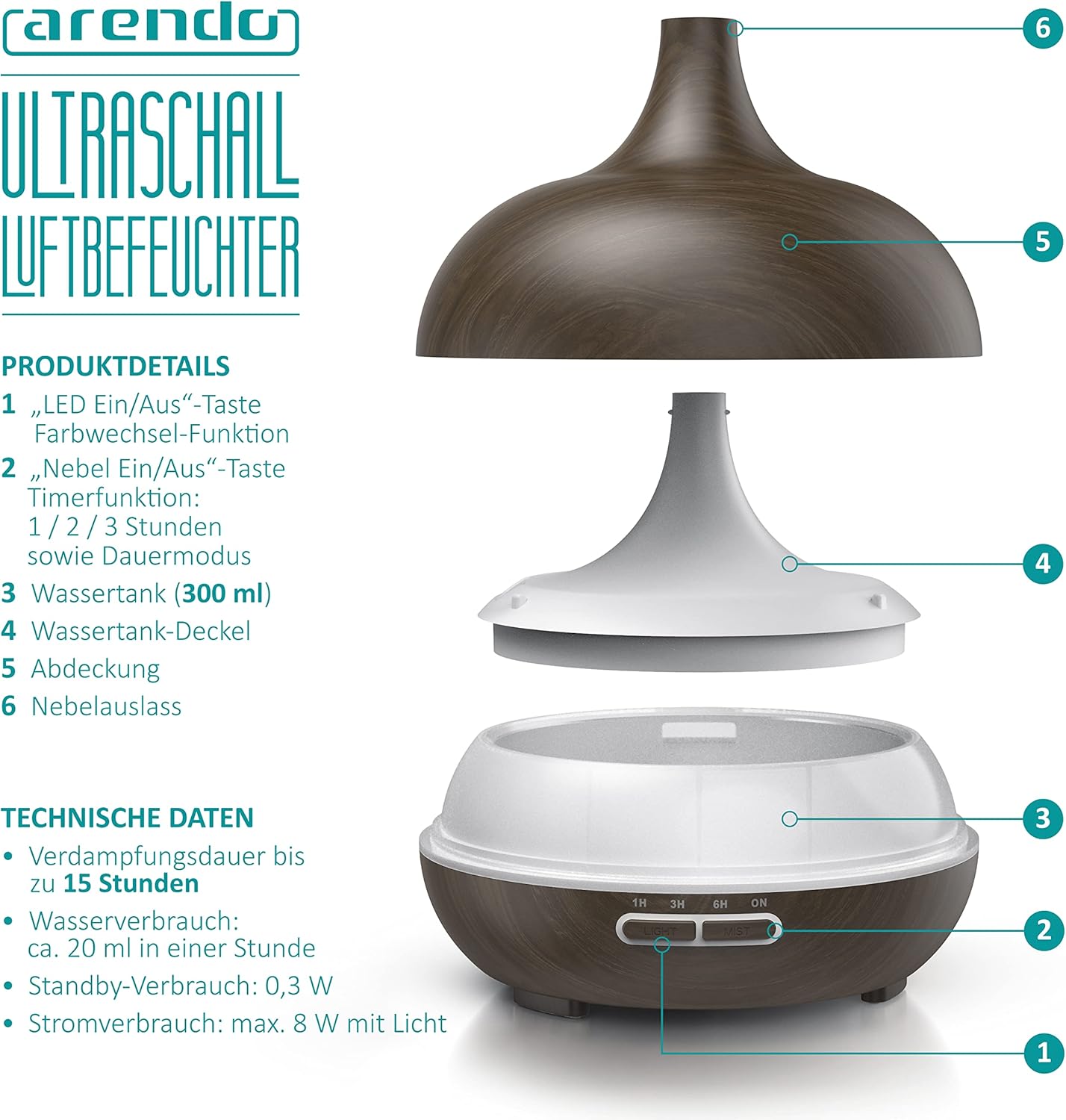Arendo - Ultraschall-LED-Aroma-Diffusor 300 ml - Luftbefeuchter Raumbefeuchter Nachtlicht - LED-Ring 7 Farben - Timer-Funktion - Dauernebelmodus - Angenehm leises Betriebsgeräusch - Holzdekoration – Bild 3