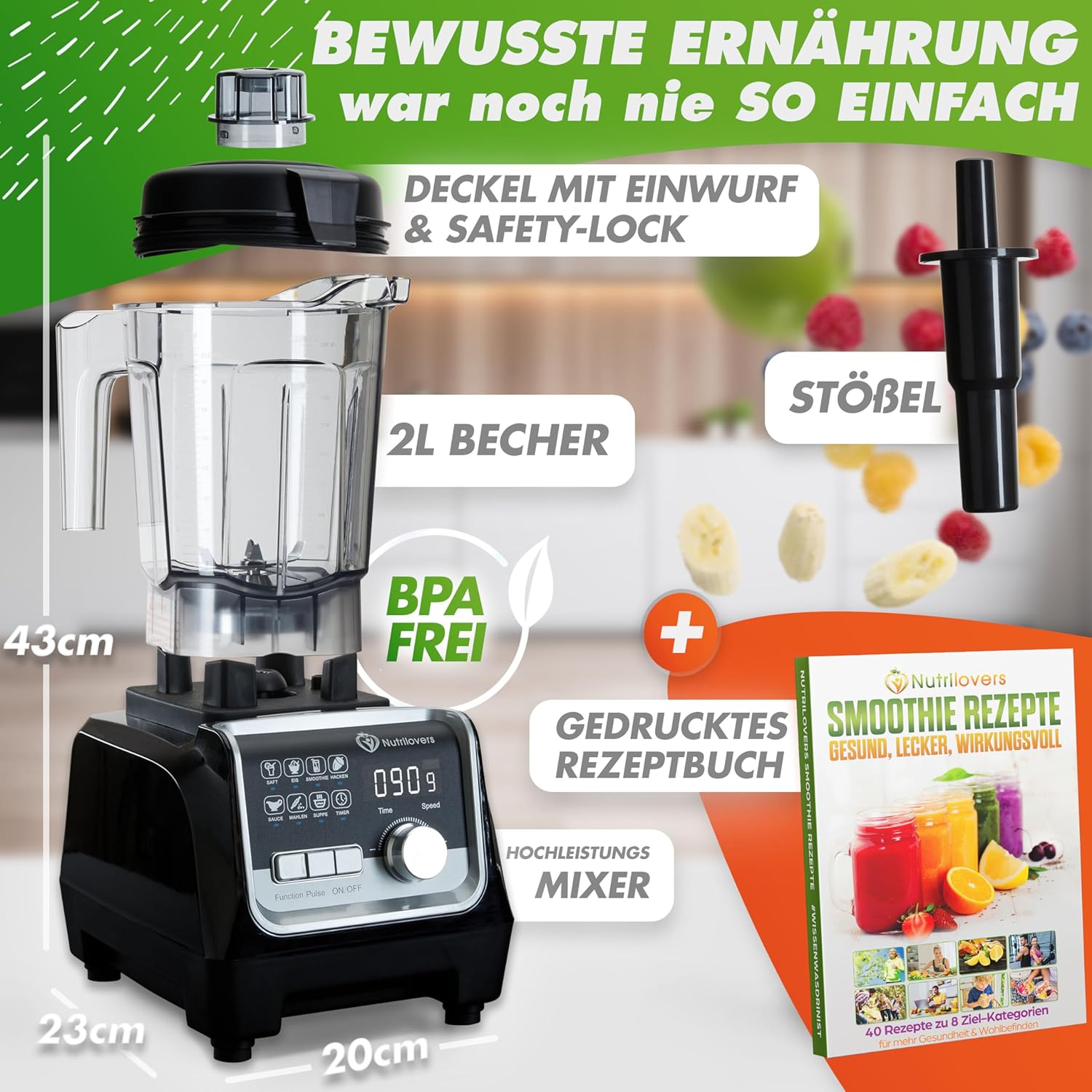 Nutrilovers NUTRI-BLENDER MAX+ Hochleistungsmixer 2000 W, Hochleistungs-Smoothie-Maker, Profi-Mixer – 2 l Tritan, BPA-frei, 9 Stufen, digitaler Timer mit Smoothie-Rezeptbuch – Bild 2