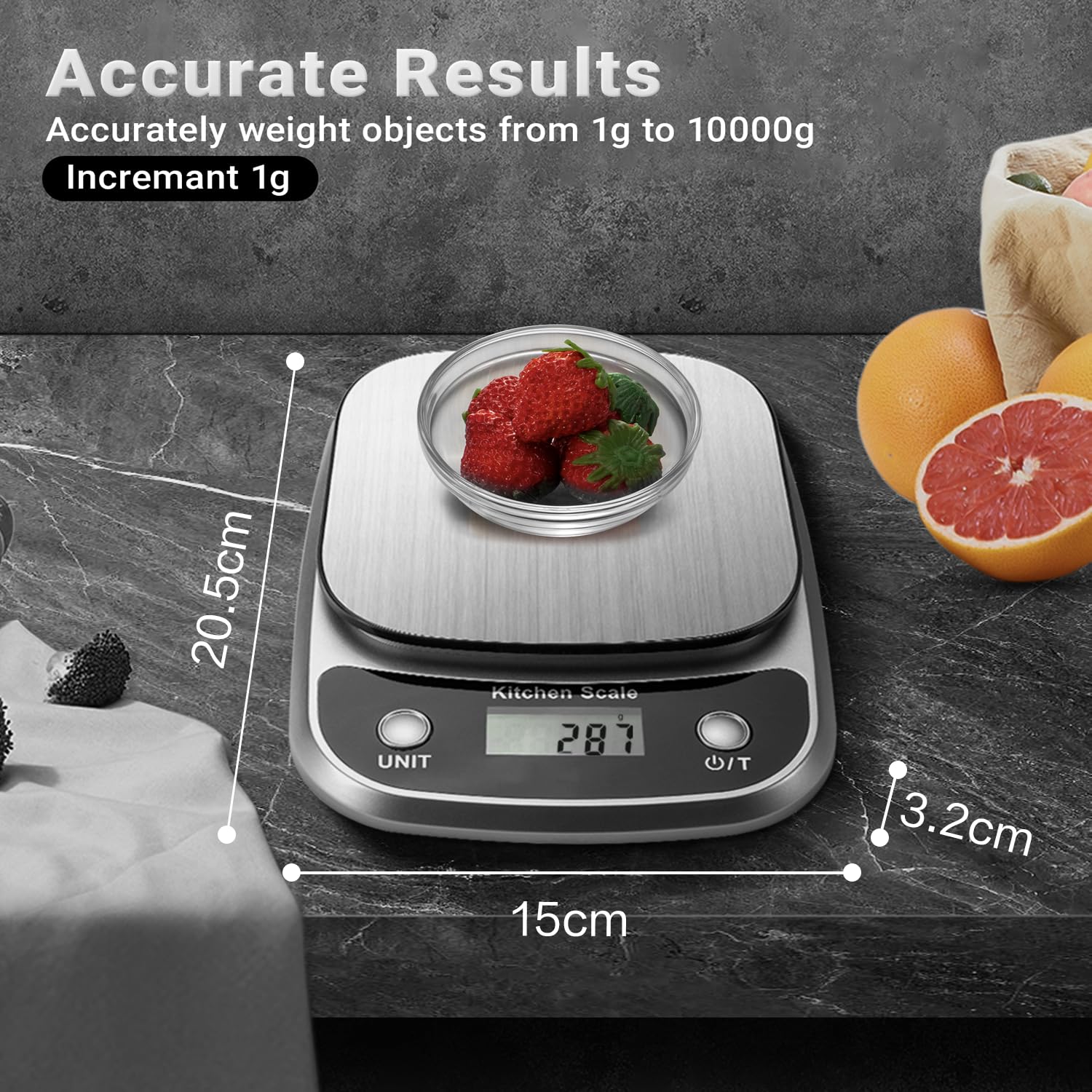 GRAM PRES Lebensmittel-Küchenwaage, digitales Gewicht in Gramm und Unzen, professionelle digitale Küchen-Lebensmittelwaage 10 kg/1 g für Gewichtsverlust, Diät, Backen, Kochen, Wiegeplattform aus Edelstahl, LCD-Display – Bild 2