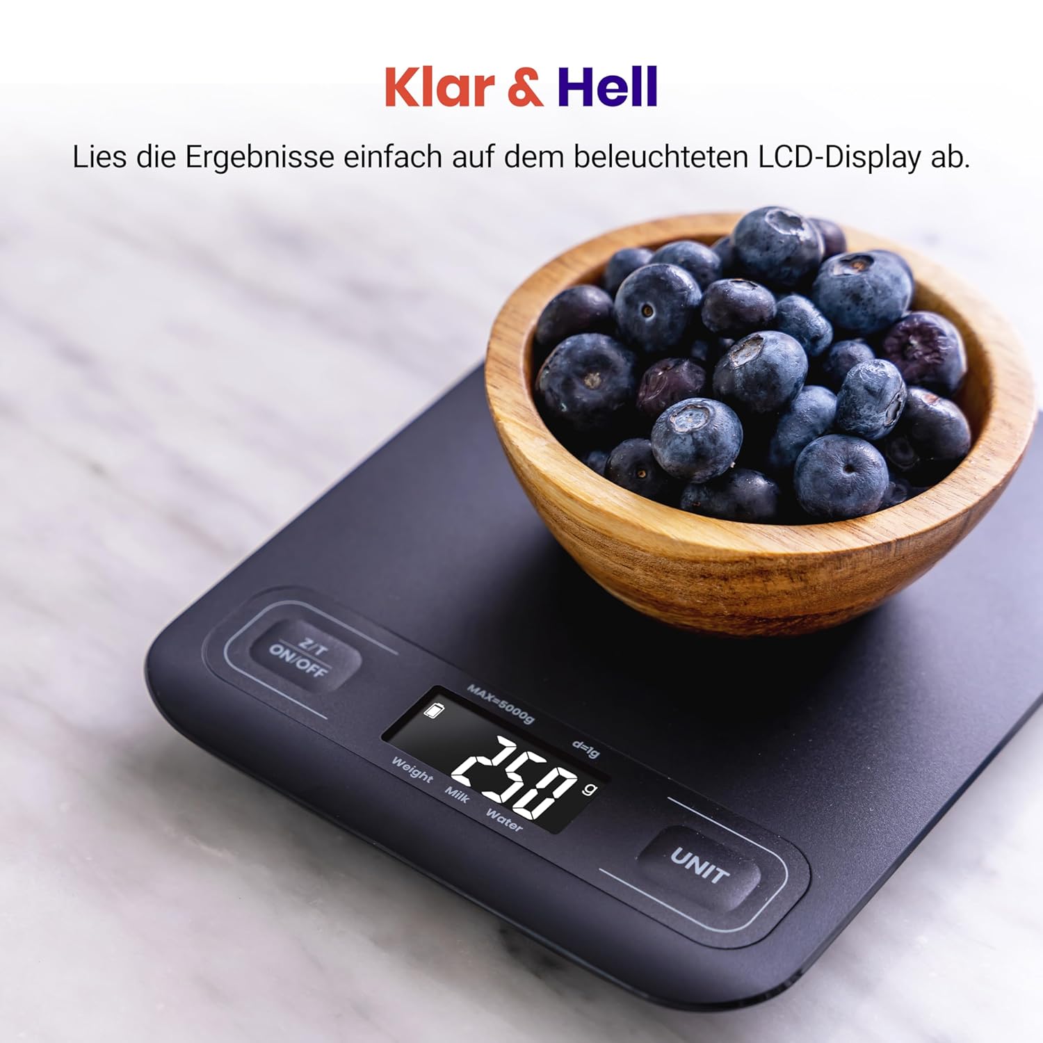 Etekcity Küchenwaage, Genauigkeit bis zu 1 g, Digitale Küchenwaage mit LCD-Display, verbesserte Tasten, Tara-Funktion, Küchenwaage zum Wiegen von Flüssigkeiten und Schmuck, 5 kg, 1 g, Schwarz – Bild 5