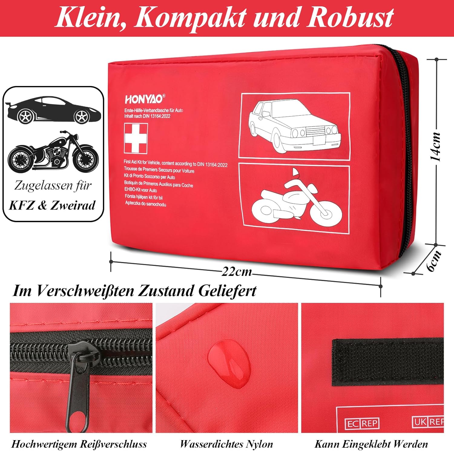 HONYAO Erste-Hilfe-Set Auto 2026, Auto-Verbandstasche nach aktueller DIN 13164, Erste-Hilfe-Set Auto 2026, StVO-konform, Auto-Verbandskasten für Auto, Motorrad, LKW, Wohnwagen, europaweit gültig – Bild 3