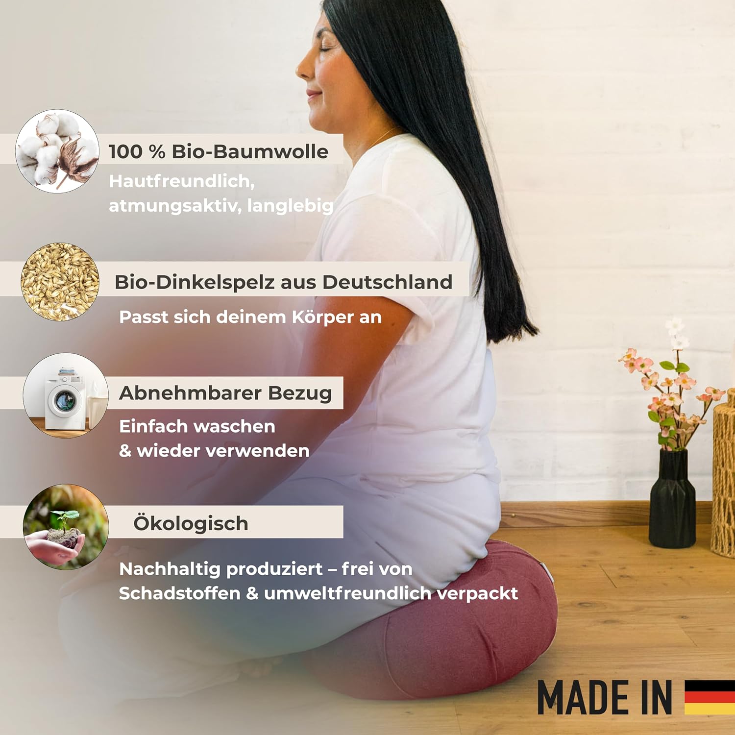 Innerer Frieden Zafu Meditationskissen | Yogakissen Bio-Dinkelfüllung | Yogakissen Halbmond | Hergestellt in Deutschland | Meditationskissen Halbmond | Waschbarer Bezug aus 100 % Bio-Baumwolle (Forest Berry) – Bild 2