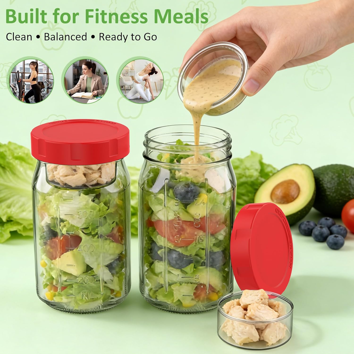 Meal-Prep-Gläser mit Deckel-Set, 4 x 950 ml Einmachgläser, auslaufsicherer/vertikal geschichteter Meal-Prep-Behälter, ideal zum Mitnehmen, Salate, Marmelade, Overnight Oats und Fertiggerichte, breit – Bild 4
