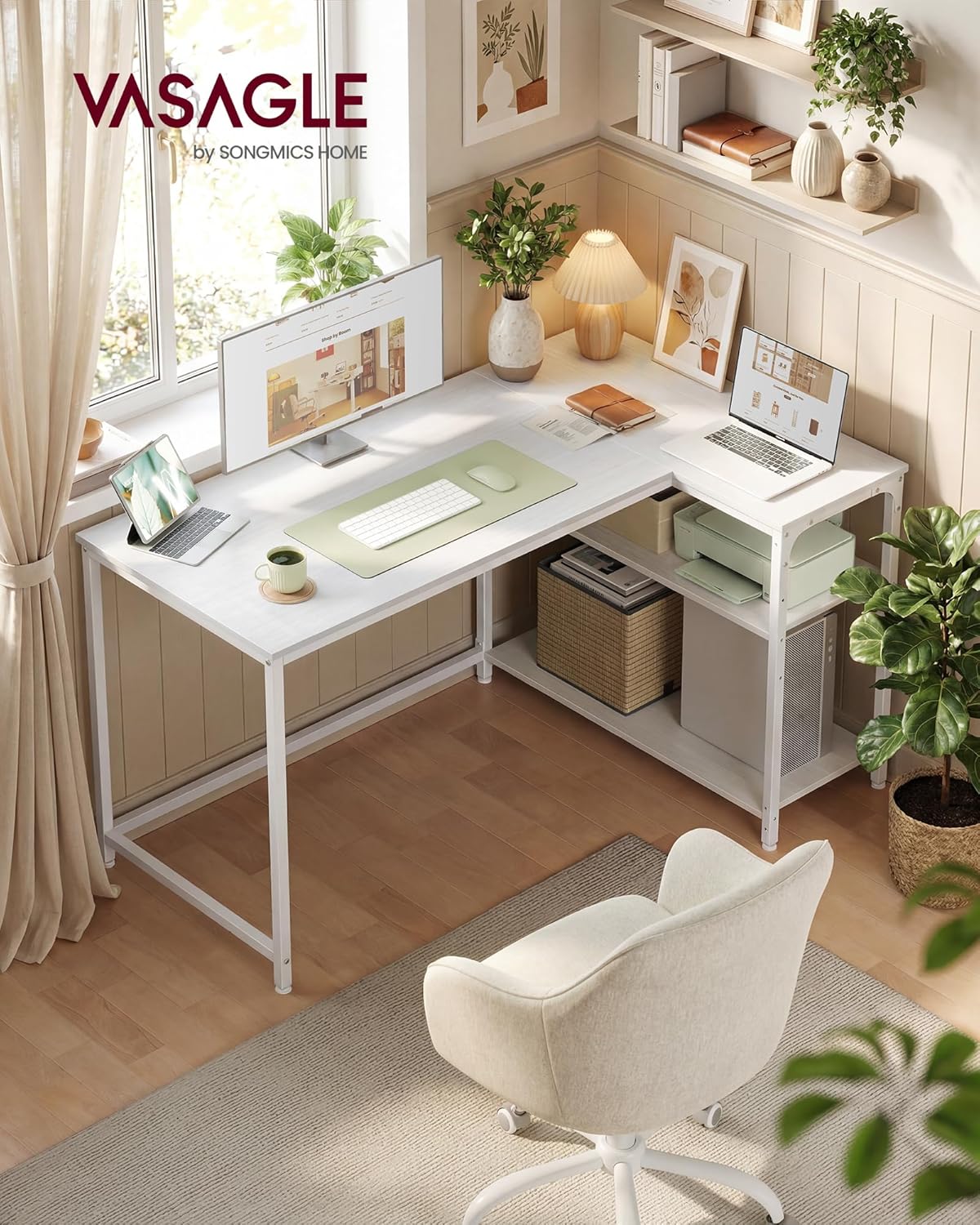 VASAGLE LWD136WF01 Eckschreibtisch, L-förmiger Computertisch mit Stauraum, Büroschreibtisch, höhenverstellbare Ablage für Heimbüro, 120 x 80 cm, Ahornweiß – Bild 2