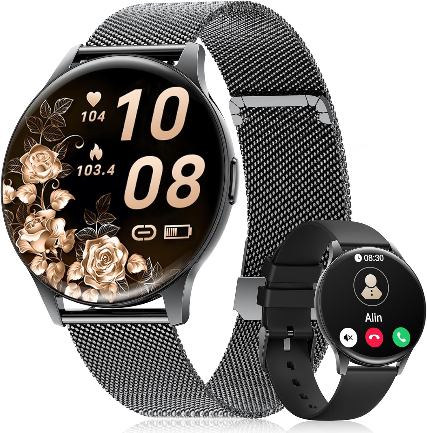 LIGE Damen Smartwatch (2 Armbänder), 1,43 Zoll HD AMOLED Display Smartwatch mit Telefonfunktion, Fitnessuhr, Sportuhr mit 120+ Sportmodi, Schlaftracking, Menstruationszyklus, Uhr für iOS/Android, Schwarz