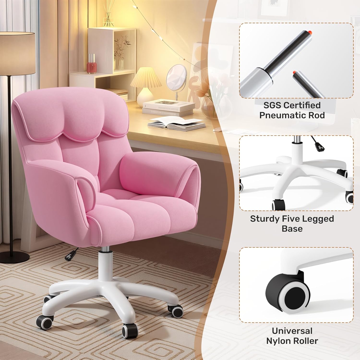 Ergonomischer Bürostuhl, höhenverstellbarer Schreibtischstuhl mit Armlehnen, 360° drehbar, Samtbezug, für Home Office und Büro, belastbar bis 150 kg, Pink – Bild 5