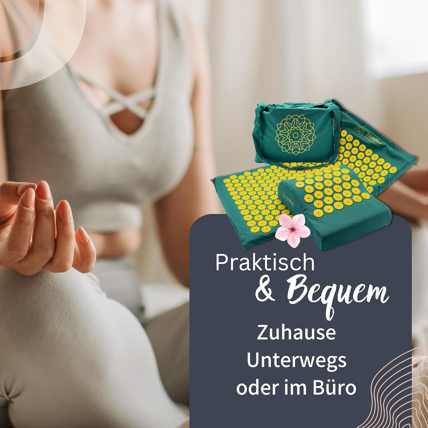 Akupressurmatte mit Kissen – perfekt für Anfänger (Memory-Schaum passt sich an) – Entspannung pur – Bezug aus 100 % Baumwolle – Acupresum-Matte grün – Bild 4