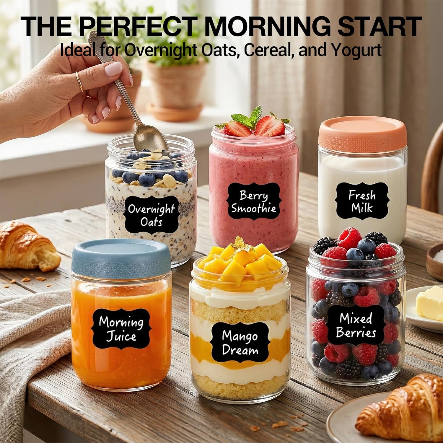 6 Stück Overnight Oats Gläser, 500 ml Einmachgläser, Meal Prep Gläser mit Schraubdeckel und Aufkleber und Stift für Joghurt, hausgemachte Marmelade, Salat, Pudding, Chutney – Bild 6