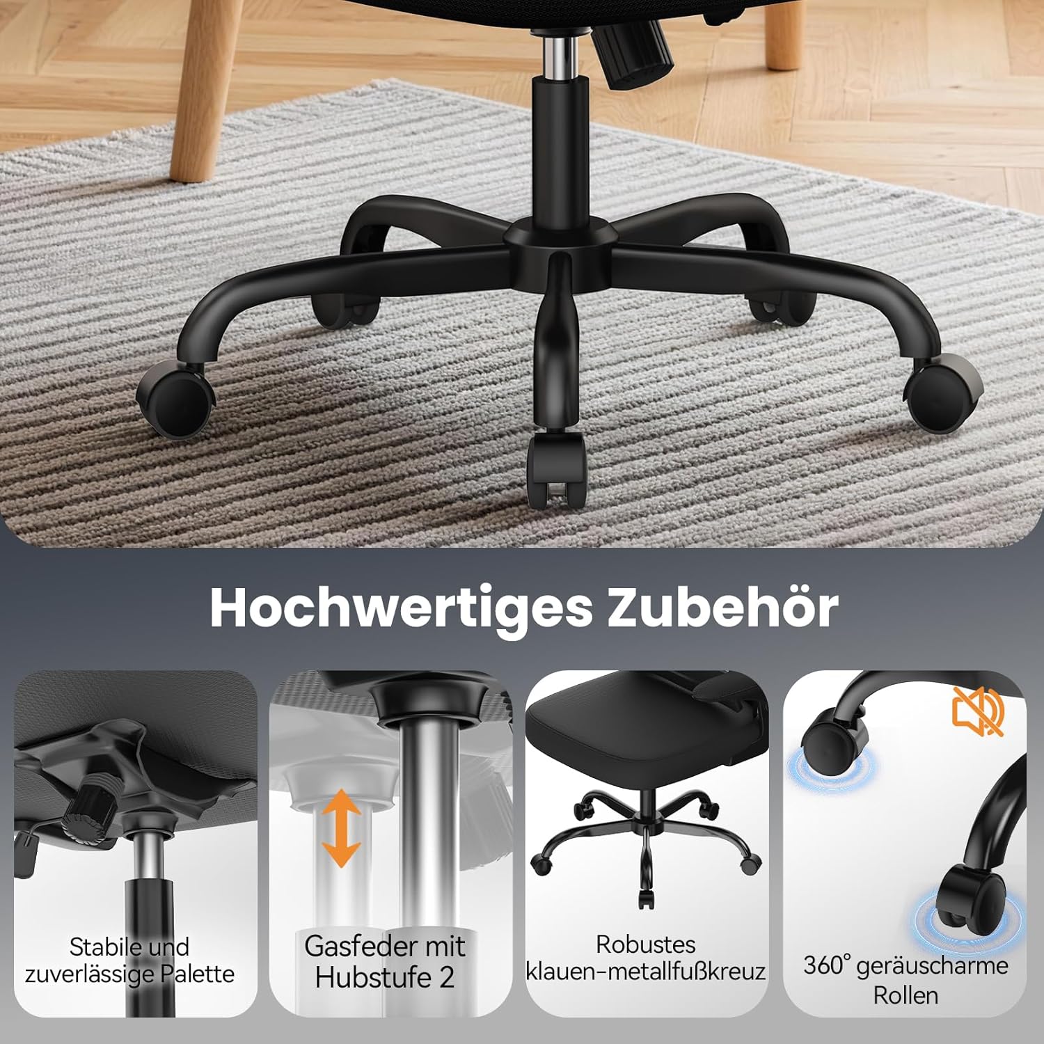 rattantree Ergonomischer Bürostuhl, Schreibtischstuhl mit verstellbarer Kopfstütze und Armlehnen, C-förmige Lordosenstütze, Drehstuhl mit Rollen für das Heimbüro, Schwarz – Bild 6