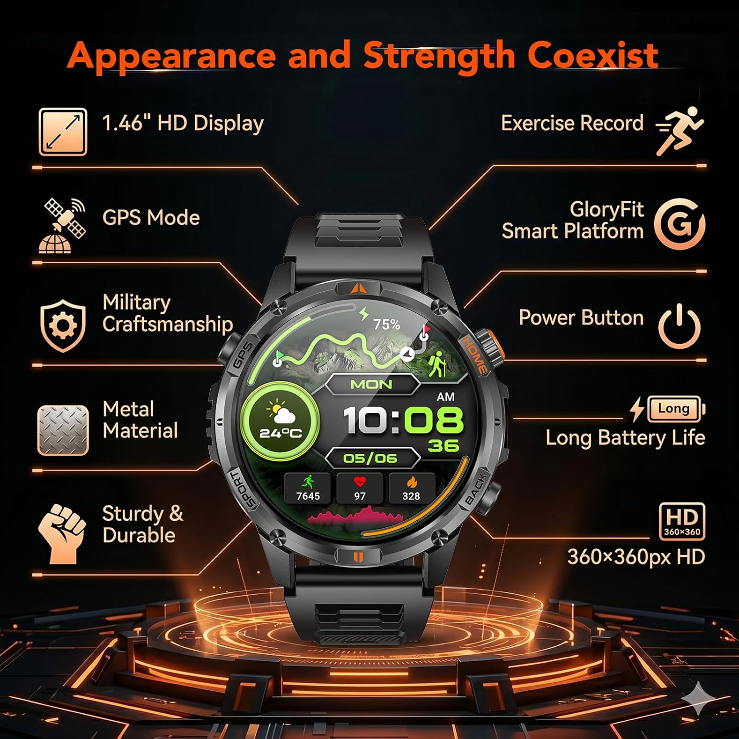 GPS-Smartwatch für Herren, Militäruhr: 1,46 Zoll Fitness-Tracker, 580 mAh, Smartwatch, IP68, wasserdicht, Fitnessuhr mit Schrittzähler, Herzfrequenzmesser, Blutdruck, Telefonfunktion, Digitaluhr für iOS – Bild 7