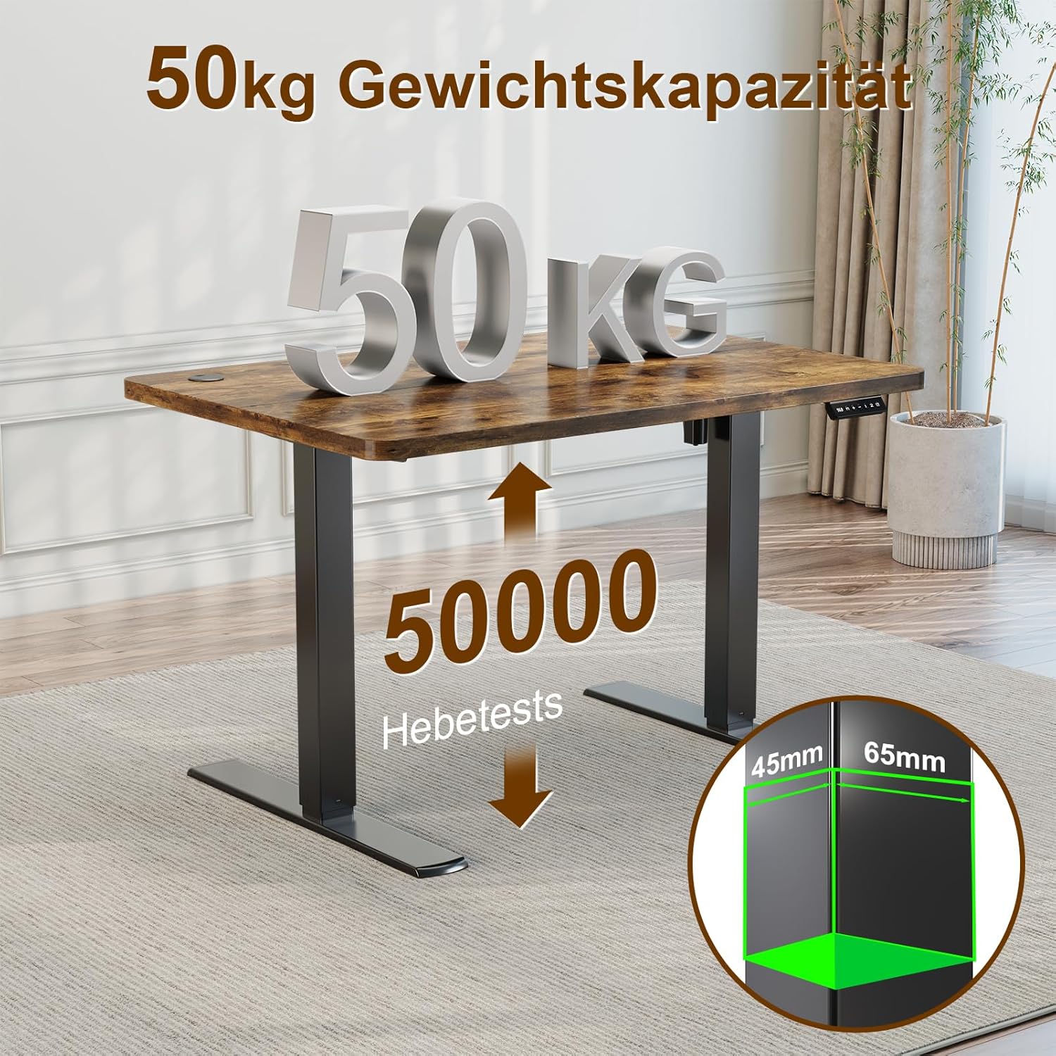 JUMMICO Höhenverstellbarer elektrischer Schreibtisch 120 x 60 cm mit USB-Ladeanschluss, höhenverstellbar, ergonomischer Stehsitztisch, braun – Bild 9