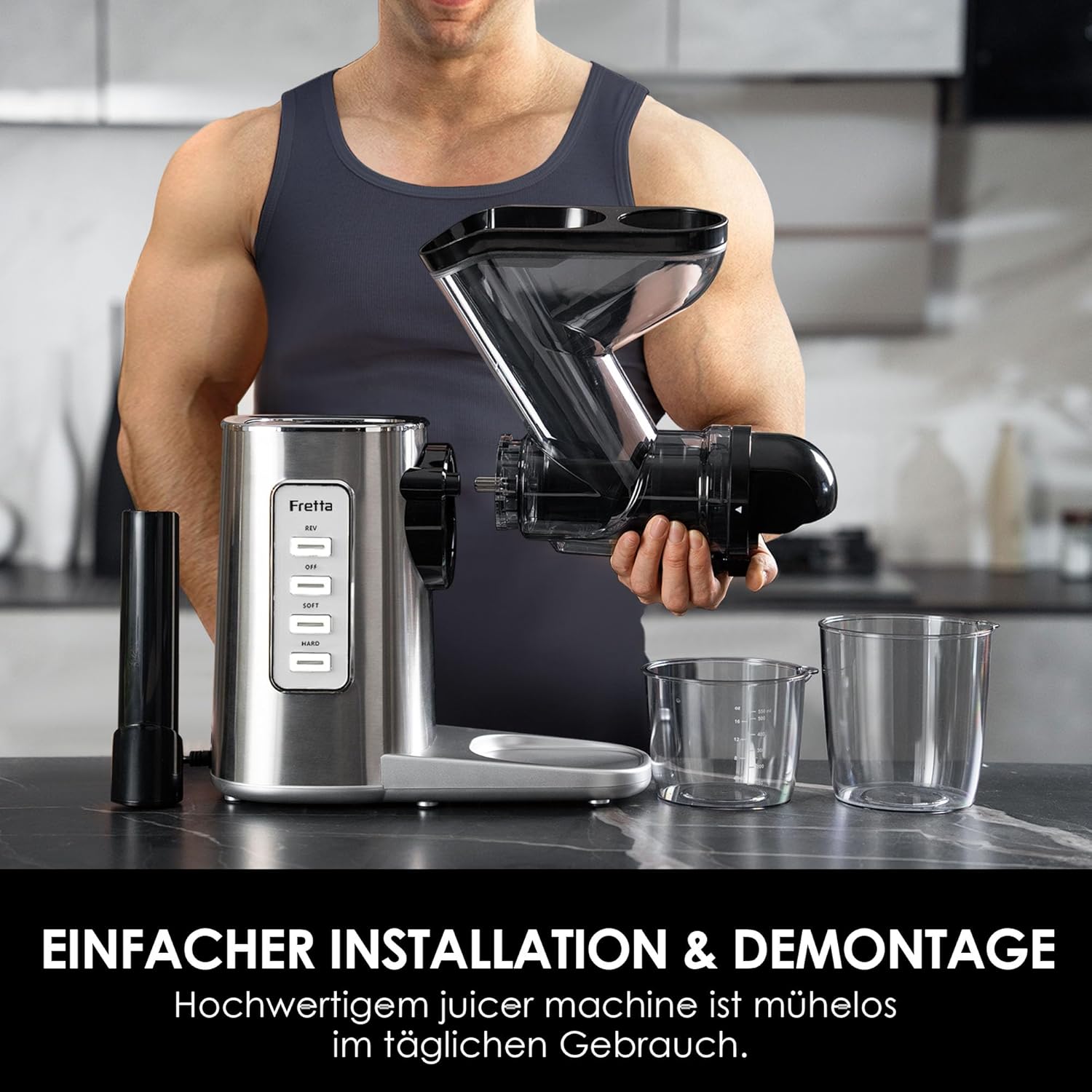 Fretta Slow Juicer Entsafter Gemüse und Obst Gemüse Testsieger 76mm Öffnung Obstpresse Elektrischer Entsafter Äpfel Sellerie Entsafter Maschine Kauende Gemüsepresse BPA-frei (Edelstahl) – Bild 6