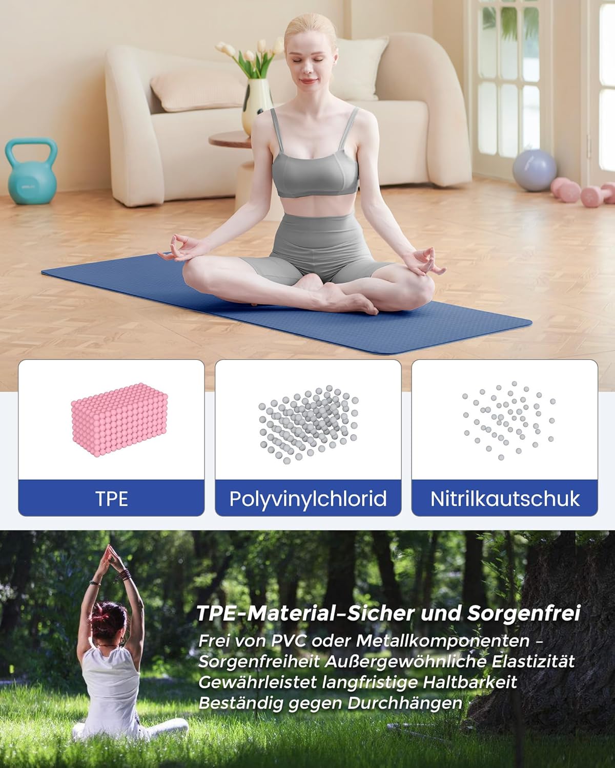 Narwhal Yogamatte Rutschfest Fitnessmatte Umweltfreundliche TPE Sportmatte mit Tragegurt Gymnastikmatte für Pilates Yoga Workout 183 x 61 x 0,6 cm – Bild 4