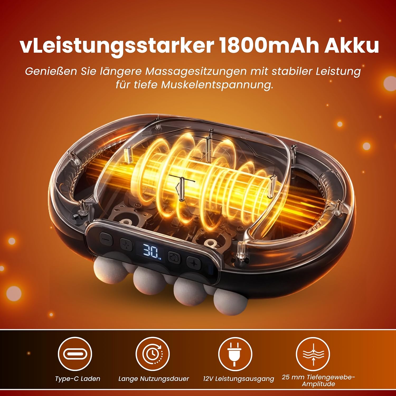 16-Kopf-Tiefengewebe-Massagepistole – Elektrisches Muskelmassagegerät mit 3 Modi und 30 Intensitätsstufen, leises Perkussionsmassagegerät für Rücken, Nacken, Schultern und Beine, wiederaufladbar über USB-C – Bild 4
