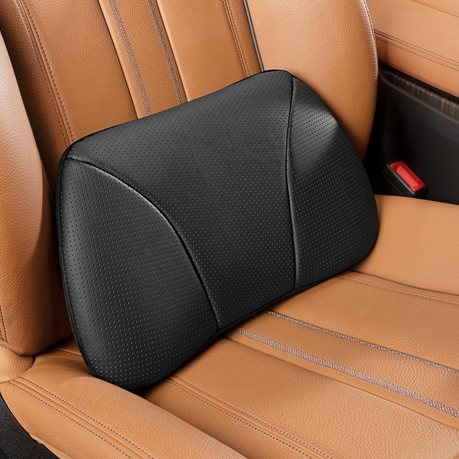 Lendenwirbelstützkissen aus echtem Rindsleder für das Auto, enge Taille verstellbar, Taille verstellbar, Memory-Schaum-Füllung, universell für Auto, Büro und Ruhesessel – Komfortsteigernd, tragbar, 39 x 22 cm