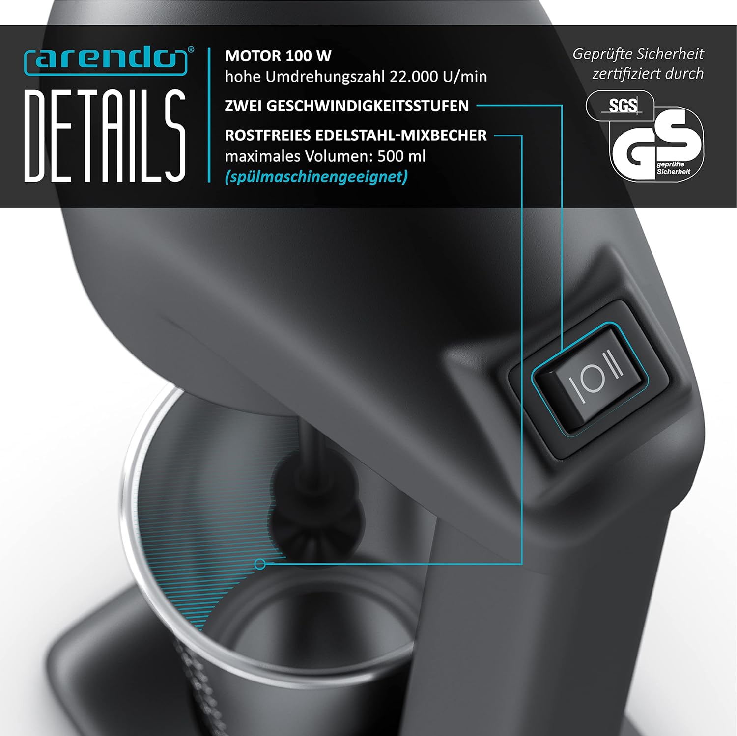 Arendo – Getränkemixer – Protein-Shaker – Getränkemixer – elektrischer Standmixer – 500-ml-Becher – 22.000 U/min – 2 Geschwindigkeitsstufen – Fitness-Proteingetränke, Smoothies, Milchshakes, Cocktails – Bild 3