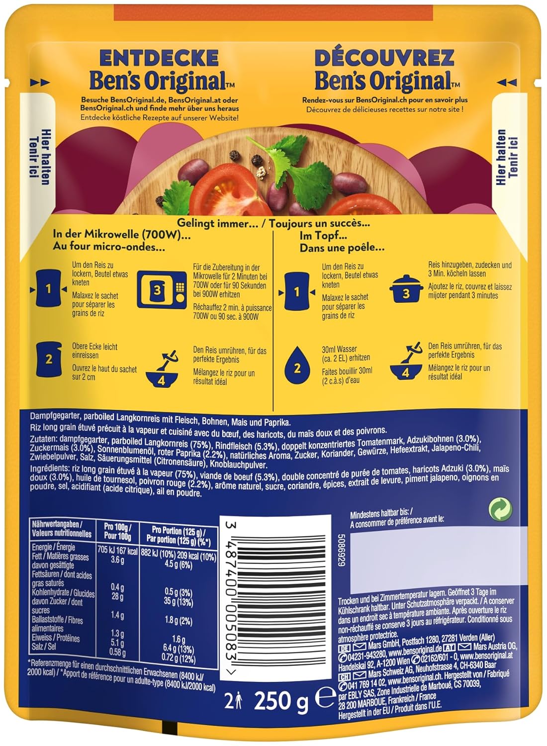 BEN'S ORIGINAL Fertiggericht Chili con Carne mit Hackfleisch und Gemüse 6 x 250 g – Bild 3