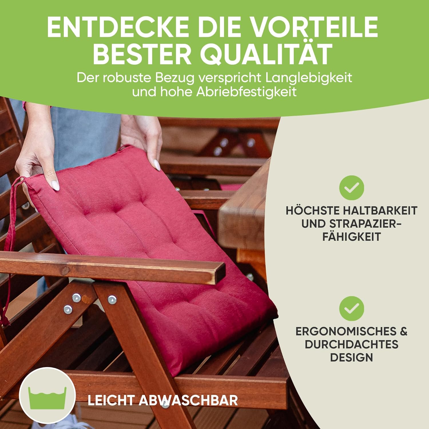 Gräfenstayn®, 4er-Set Sitzkissen, 40 x 40 x 3 cm, mit Bändern, für den Innen- und Außenbereich, mit Öko-Tex-Siegel – Bild 5