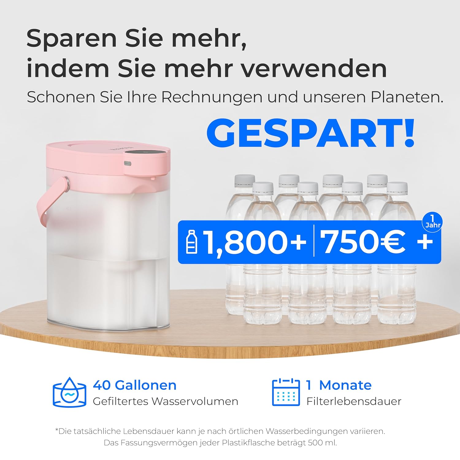 Waterdrop FreshTaste Wasserhärter, elektrischer Wasserfilterkrug, 4 l Wasserfilterspender für Kühlschrank, reduziert Kalk, Chlor, Blei, Kupfer, reinigt, Pink (Ersatzfilter: WD-EWFS) – Bild 6
