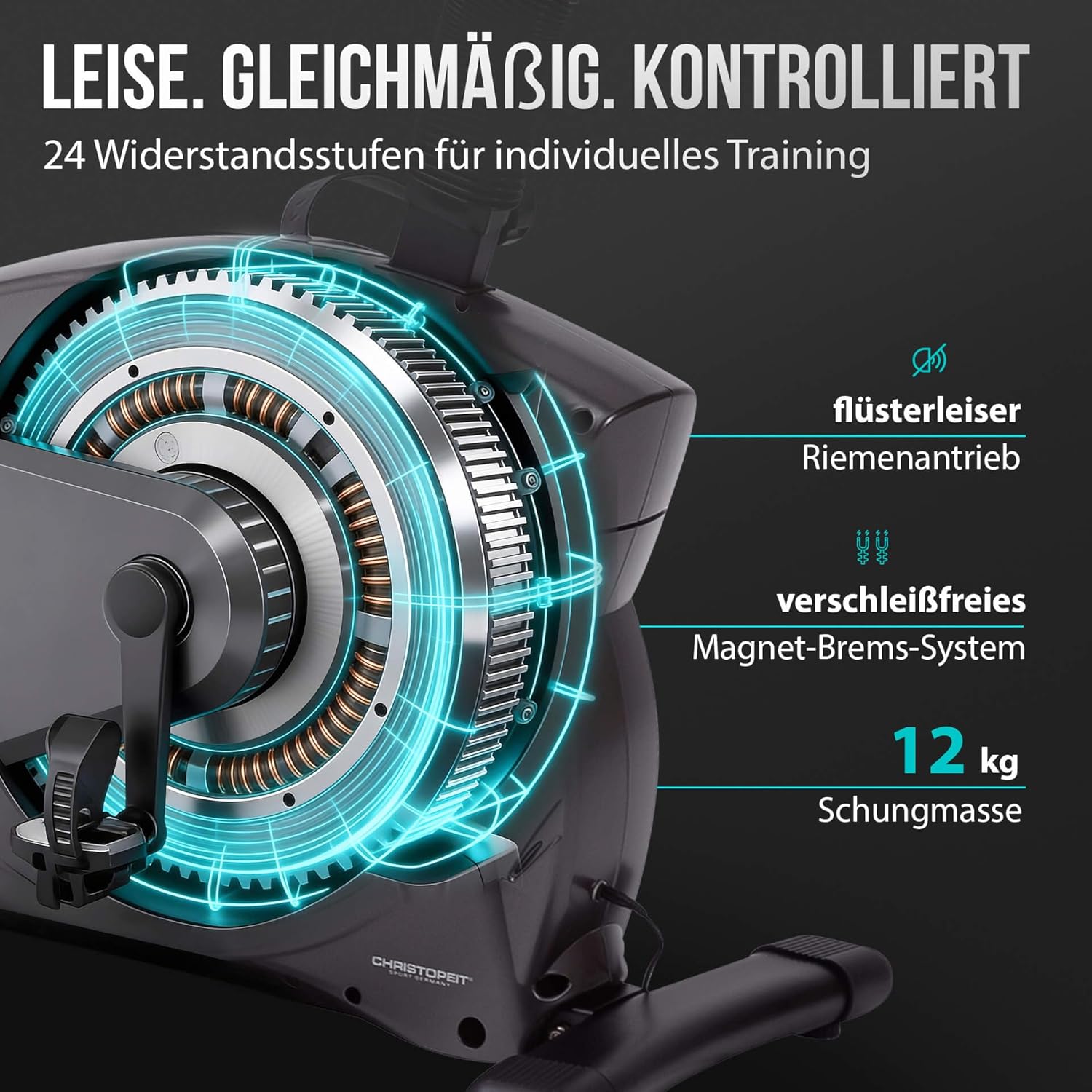 Christopeit Ergometer Heimtrainer Indoor Fahrrad ET 6 mit 24 Widerstandsstufen, bis 150 kg und 200 cm, 12 kg Magnetbremssystem, Kinomap, Bluetooth, Pulsmessung – Bild 3