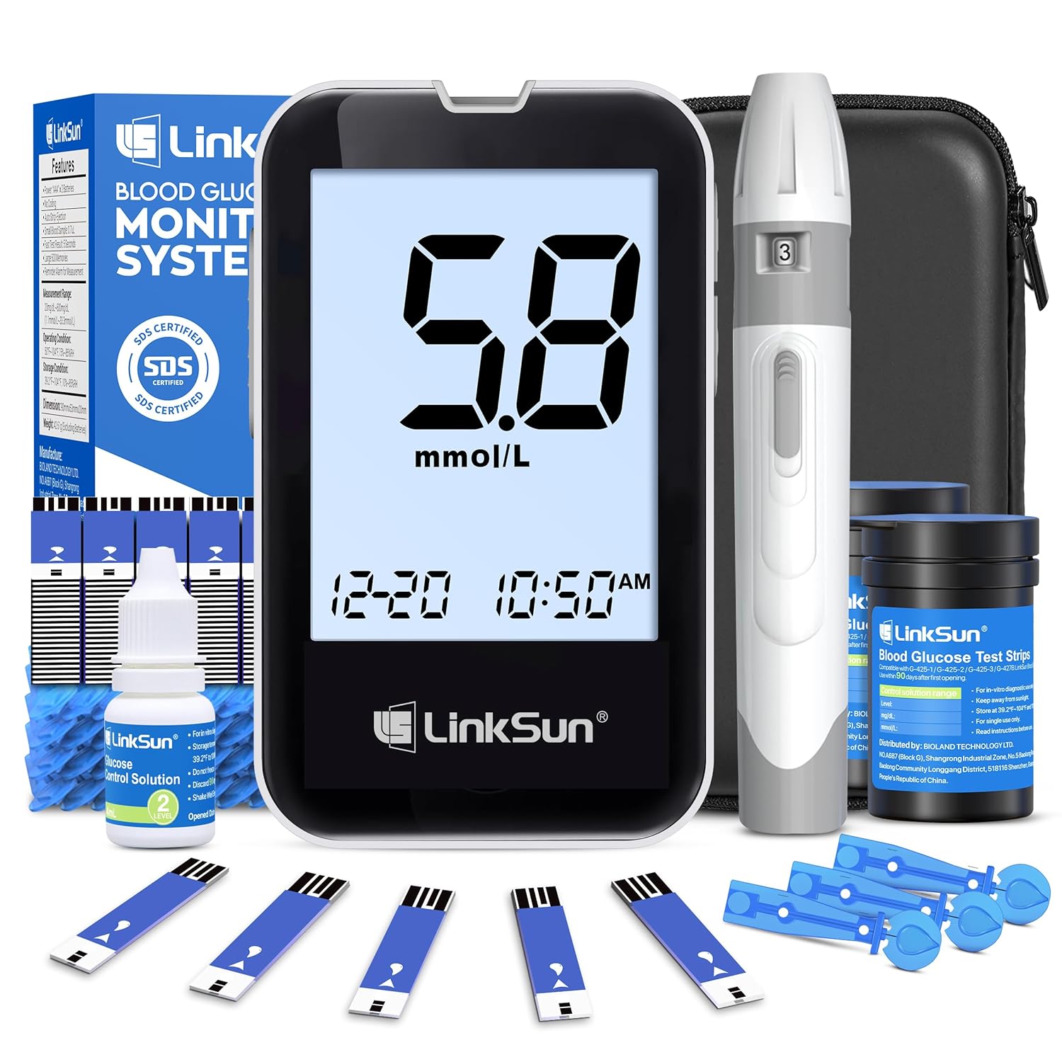 LinkSun G-425-2V Blutzuckermessgerät-Set, 100 Teststreifen, 100 Lanzetten, Blutzuckermessgerät, Stechhilfe, mmol/L & mg/dL