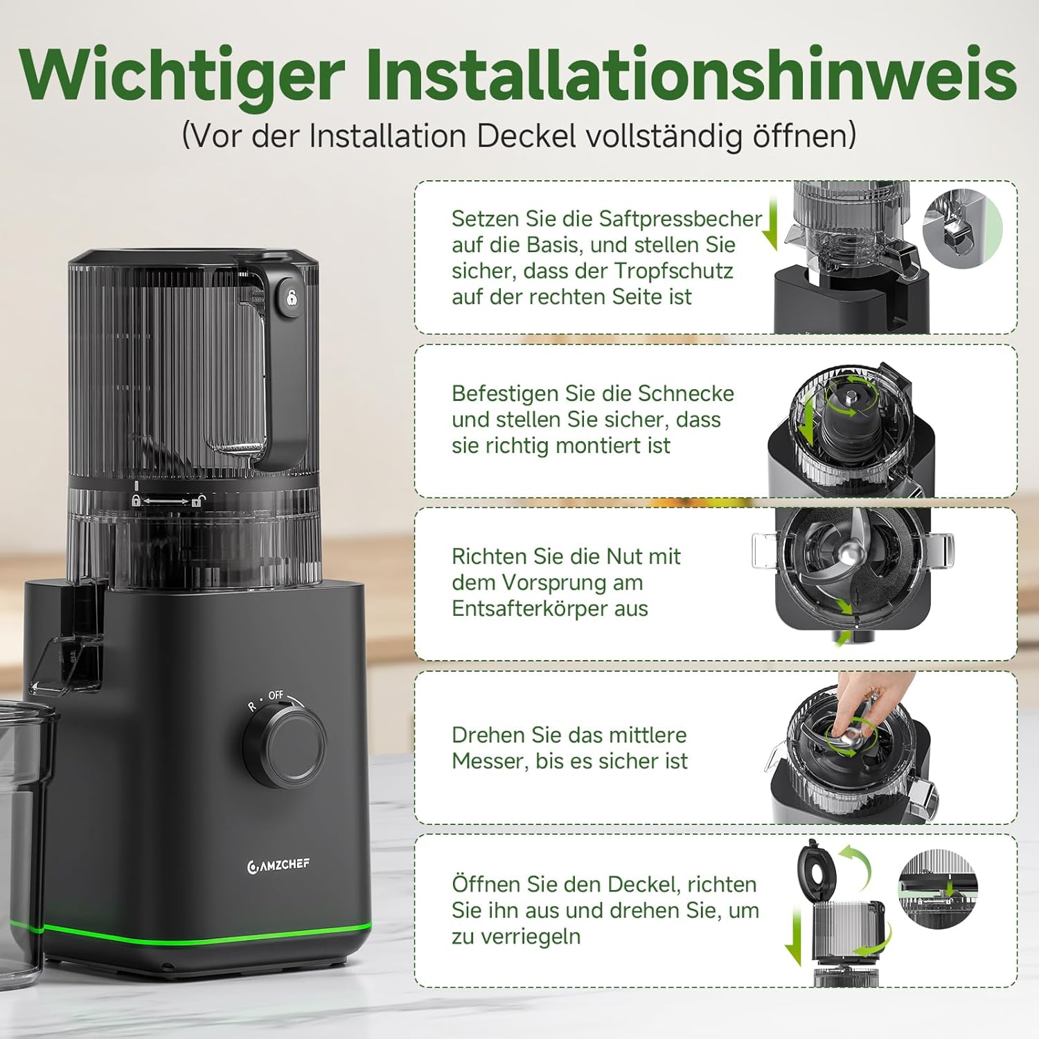 AMZCHEF Slow Juicer Entsafter für ganze Früchte & Gemüse, 155 mm XXL-Einfüllöffnung, Kaltpress-Entsafter mit hoher Saftausbeute, 2 Filter, 2,5 L Behälter, leise & leicht zu reinigen, schwarz – Bild 9
