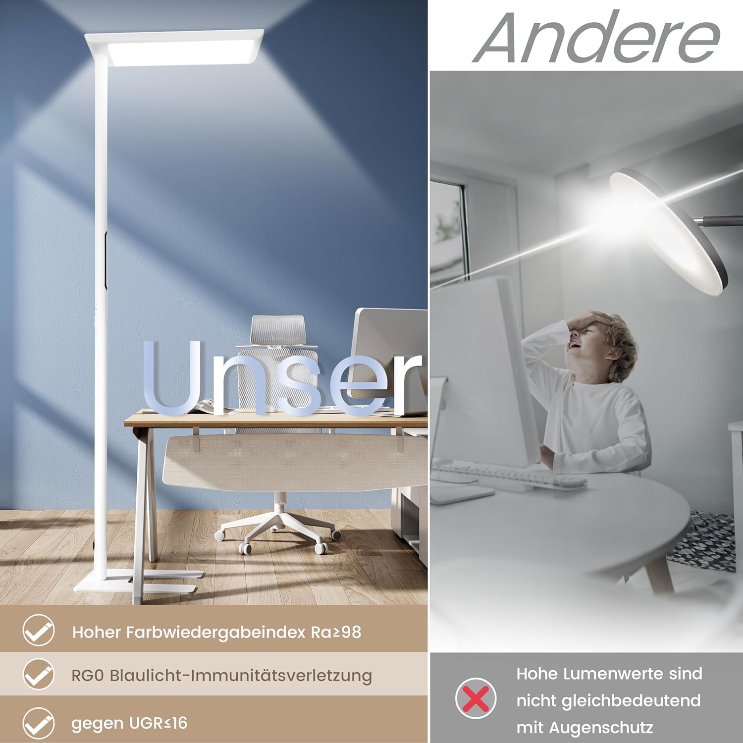 UGR98 LED Stehlampe für Büro, Tageslicht-Bürolampe, Vollspektrum-Stehlampe, dimmbar, 60 W + 50 W, Augenschutz, UGR, Neutralweiß, 4000 K, Stehlampe, Büro, Leselampe, Kinderzimmer – Bild 7