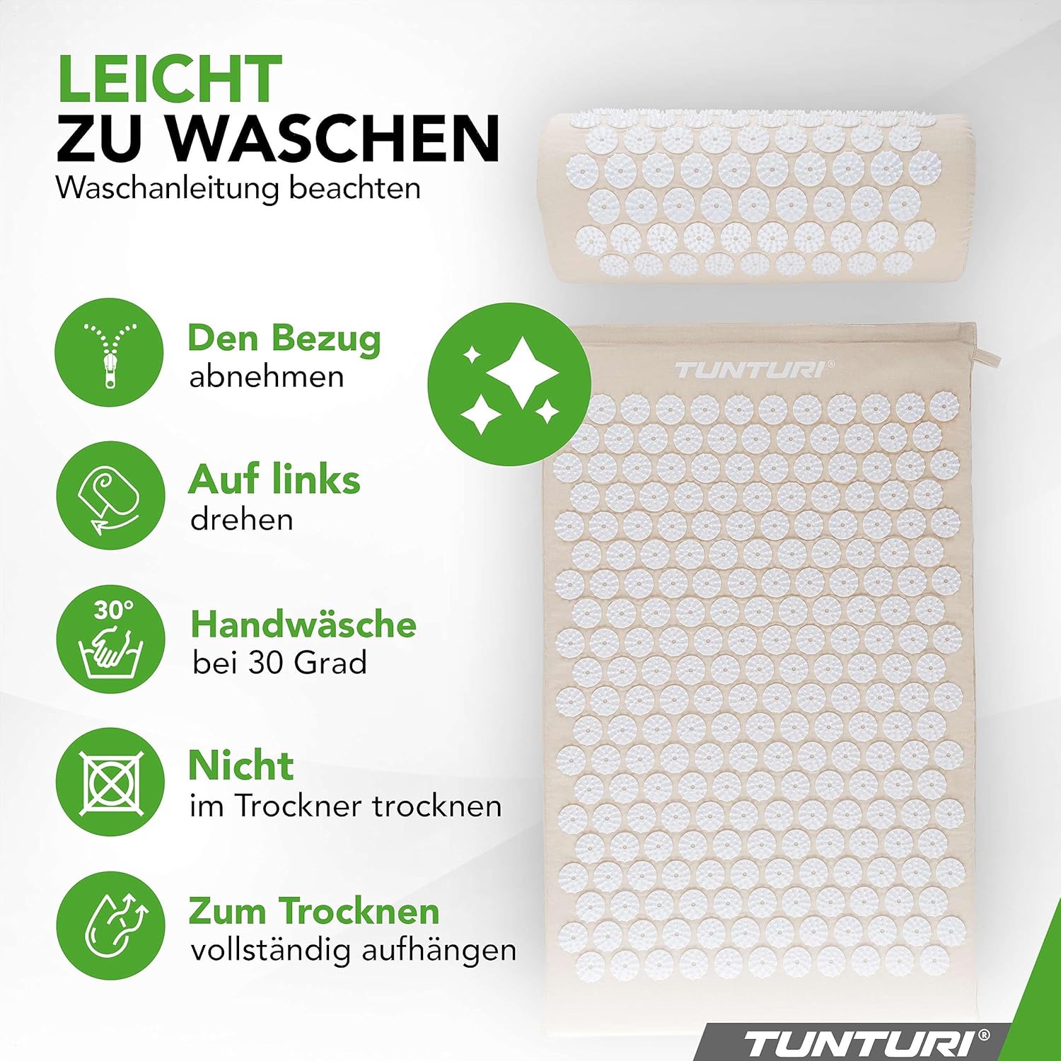 Tunturi Akupressurmatte mit Kissen – Akupunkturmatte – Stachelmatte für Rücken, Nacken, Fuß, Ganzkörper – 2-in-1-Nagelmatte, Akupressurmatte – Anti-Stress – 68 x 42 x 2 cm – Beige – Bild 6