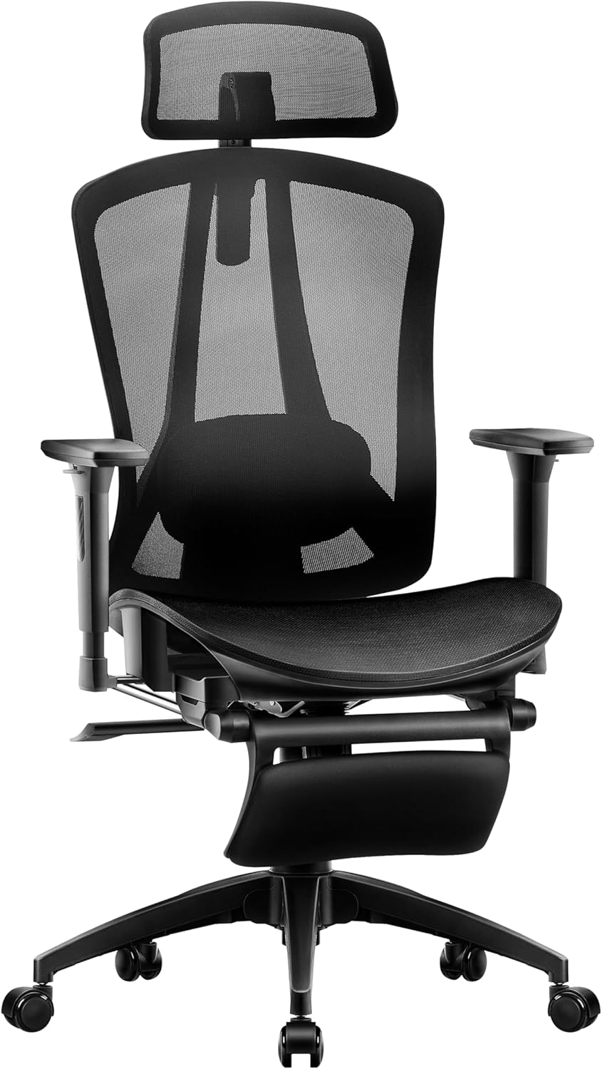 Bürostuhl Ergonomischer Schreibtischstuhl mit 2-Achsen-verstellbarer Lordosenstütze, Chefsessel aus Carbon-Netzgewebe, Computerstuhl-Rückenlehne, hoher Wasserfallsitz, 150 kg Tragkraft