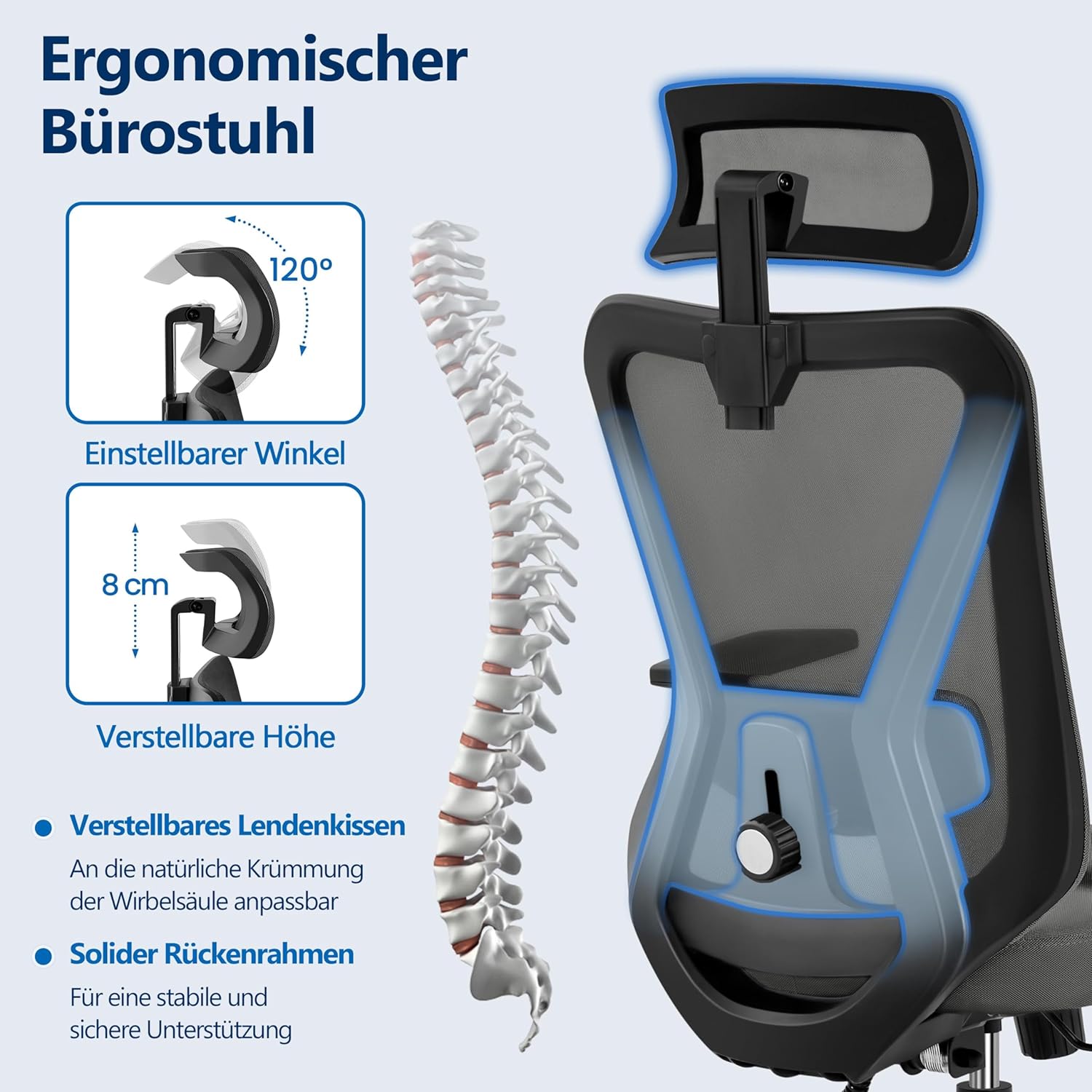 Yaheetech Ergonomischer Bürostuhl, höhenverstellbarer Schreibtischstuhl mit atmungsaktiver Netzrückenlehne, verstellbaren Armlehnen, Kopfstütze und Lordosenstütze, Wippfunktion bis 130°, Home Office, Schwarz – Bild 5