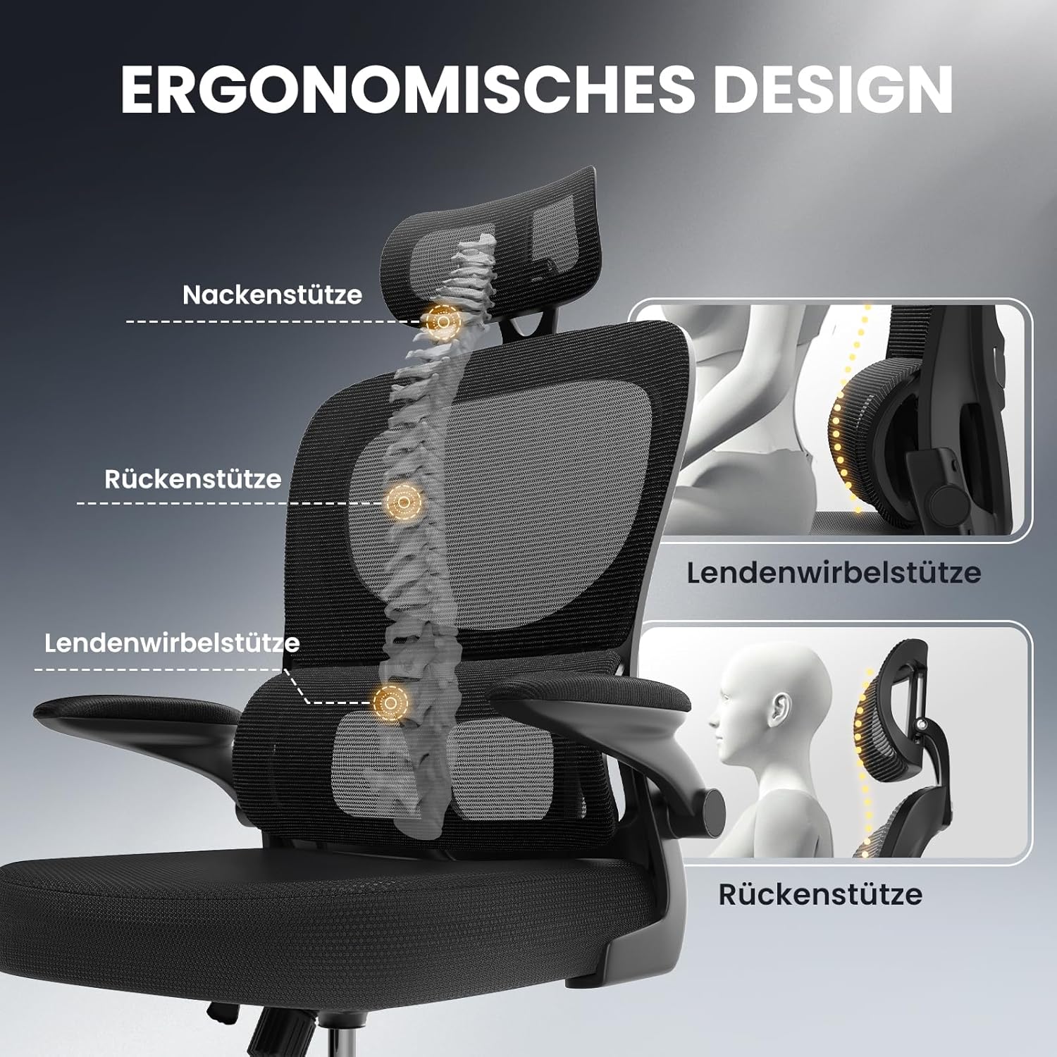 rattantree Ergonomischer Bürostuhl, Schreibtischstuhl mit verstellbarer Kopfstütze und Armlehnen, C-förmige Lordosenstütze, Drehstuhl mit Rollen für das Heimbüro, Schwarz – Bild 3
