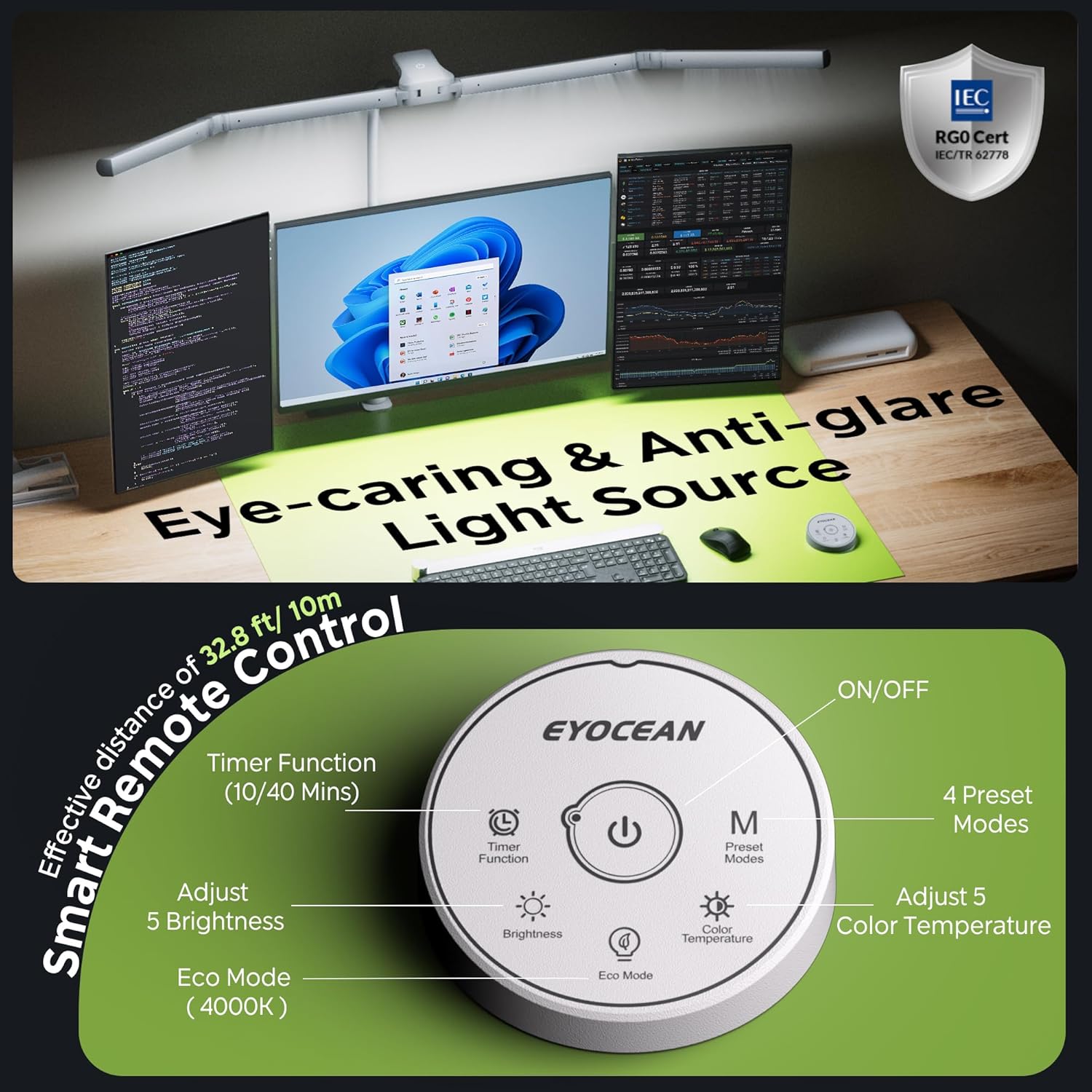 EYOCEAN Schreibtischlampe, Schreibtischlampe mit 4 Lichtquellen, 24W 100 cm Tageslichtlampe Schreibtisch mit Fernbedienung, dimmbare Monitorlampe, Schwanenhals-Bürotischlampe, Augenschutz-PC-Lampe – Bild 4