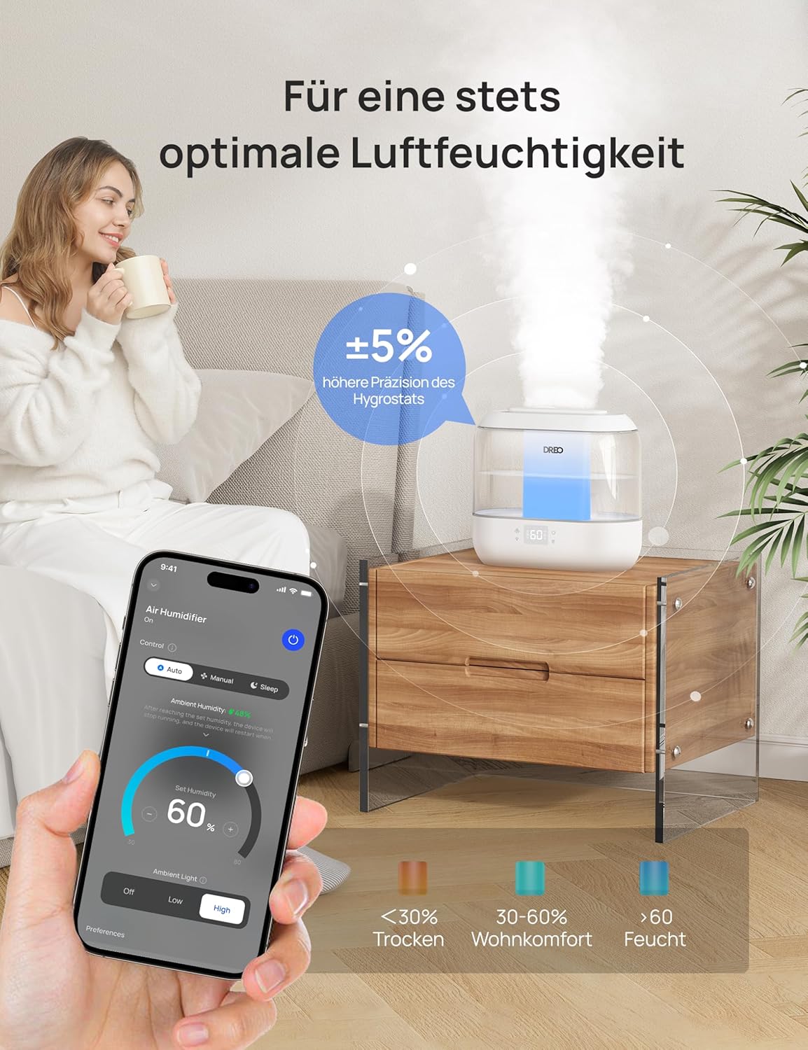 DREO Smart-Luftbefeuchter für Schlafzimmer, von oben befüllbarer 4-Liter-Siuper-Large Cooler Mist-Luftbefeuchter mit Öldiffusor und Nachtlicht, 36 Stunden Laufzeit, leiser Ultraschall-Luftbefeuchter für zu Hause – Bild 3