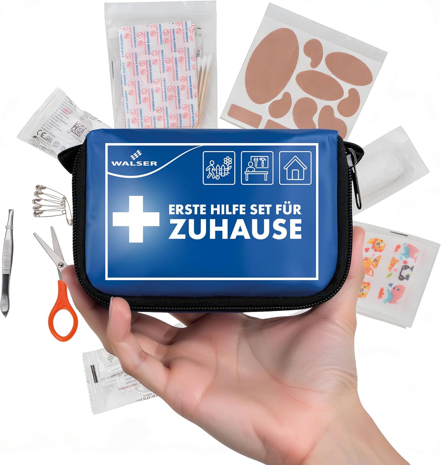 WALSER Premium Mini Erste-Hilfe-Set für zu Hause, wasserdichte Erste-Hilfe-Tasche 2026, handliches Notfallset mit 107 Teilen, kompaktes Erste-Hilfe-Set, Reiseapotheken-Set, Mini-Erste-Hilfe-Set, blau