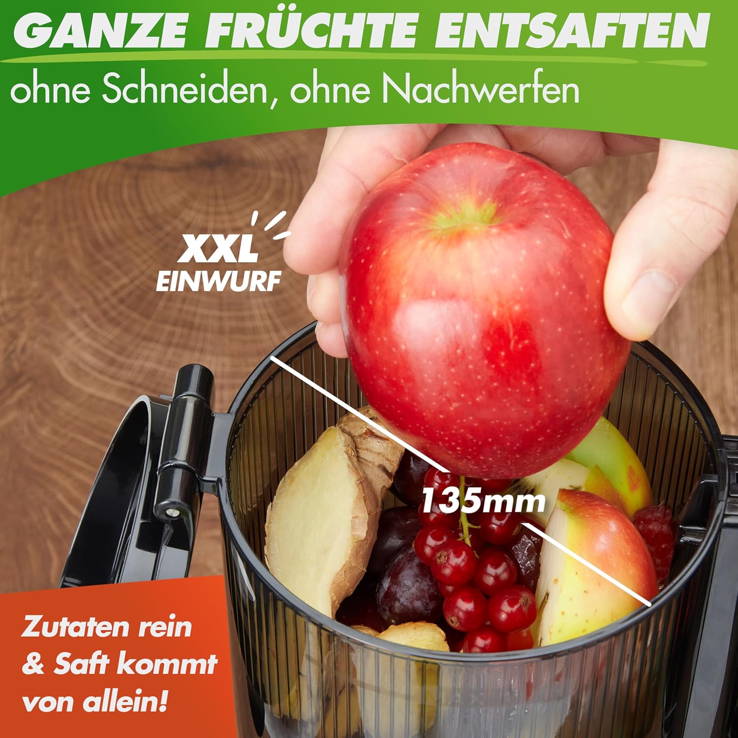 Nutrilovers Slow Juicer Nutri-Press Max Ganzfrucht-Entsafter mit XXL-135-mm-Öffnung, BPA-frei, inklusive Saftflasche, Slow-Juice-Rezeptbuch – Bild 3