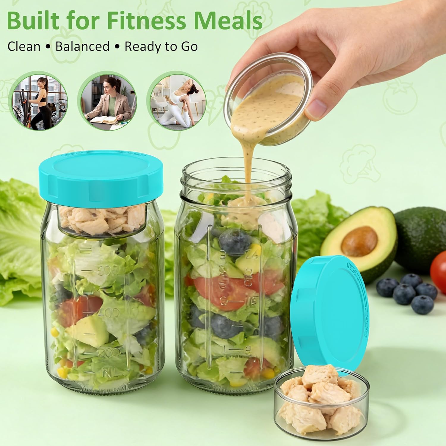 Meal-Prep-Gläser mit Deckel-Set, 4 x 950 ml Einmachgläser, auslaufsicherer/vertikal geschichteter Meal-Prep-Behälter, ideal zum Mitnehmen, für Salate, Marmelade, Overnight Oats und zum Öffnen von Fertiggerichten – Bild 4