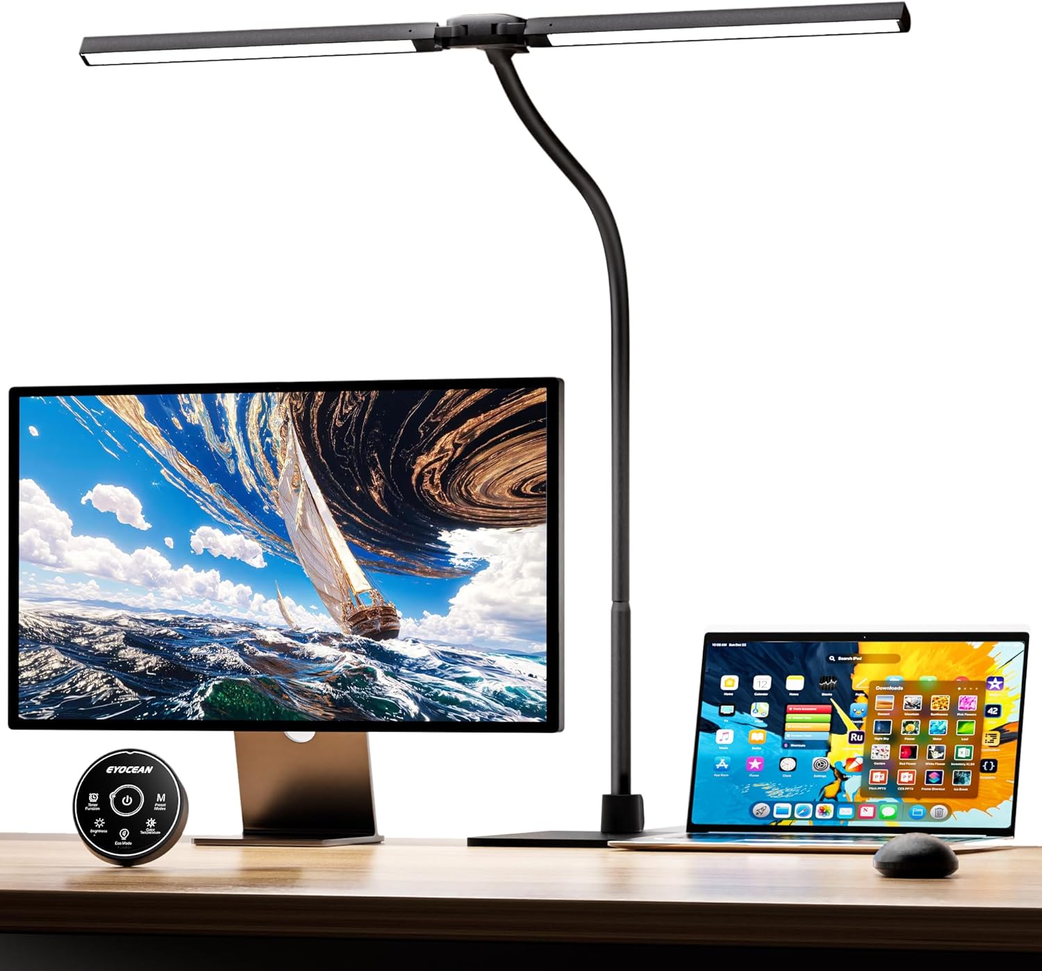 EYOCEAN Schreibtischlampe, Doppelkopf Schreibtischlampe Kinder, Augenschutz Schreibtischlampe, 16W 72cm Tageslichtlampe Schreibtisch mit Fernbedienung, Dimmbare Monitorlampe, Schwanenhals Bürotischlampe