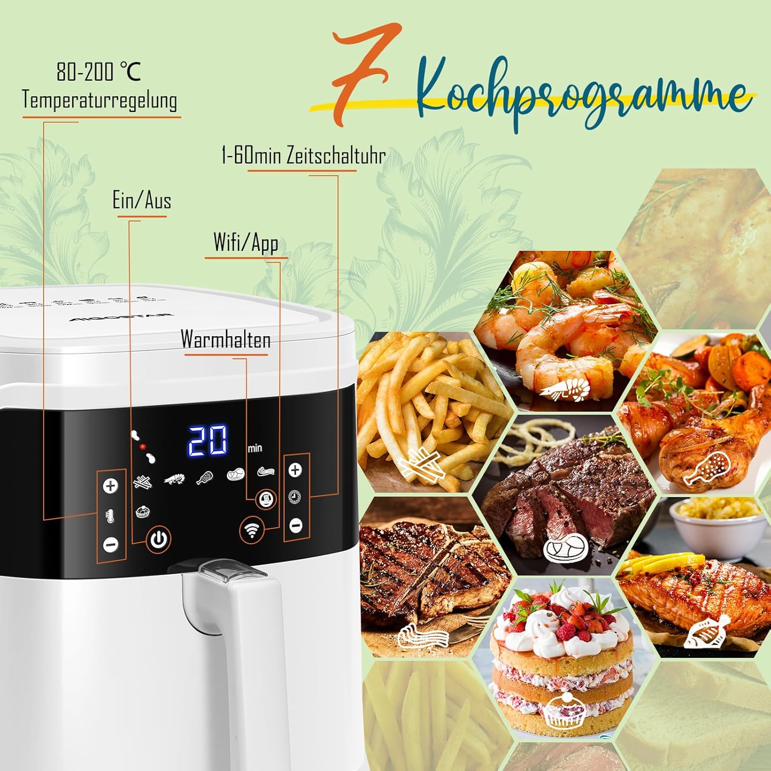 Aigostar White Cube, Smart Heißluftfritteuse 7L XXL Fritteuse Heißluft 1900W Heißluftfritteuse, App-Steuerung, 7 Programme, Warmhalten, 20 Rezepte, 6-10 Personen, Digitale LED-Touchscreen-Luftfritteuse – Bild 4