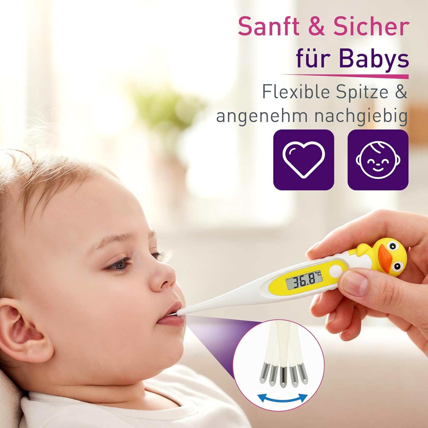 scala SC 44 flex Digitales Fieberthermometer Baby & Kinder – 10 Sekunden Messzeit, flexible Spitze, Fieberalarm, wasserdicht – oral, rektal & axillär – Entenmotiv – Bild 2