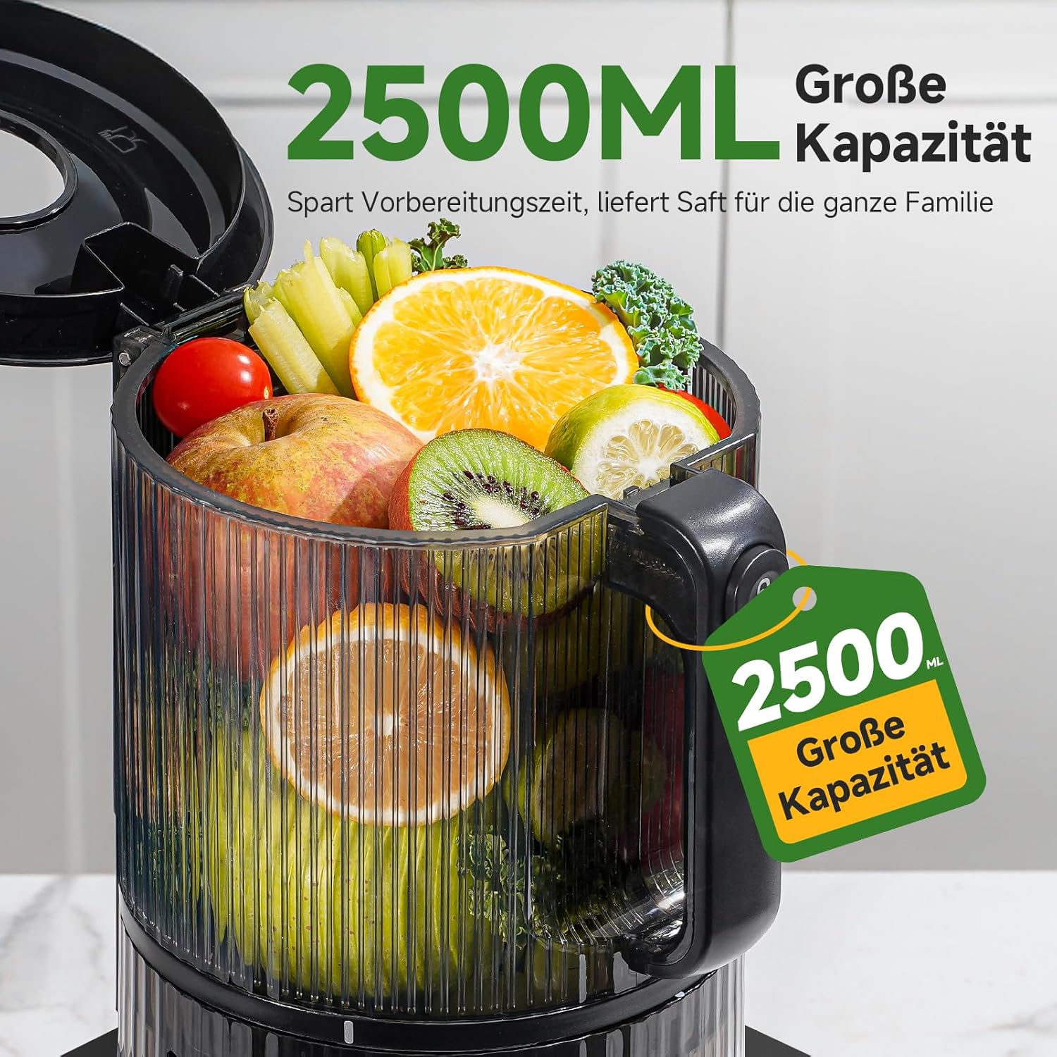 AMZCHEF Slow Juicer Entsafter für ganze Früchte & Gemüse, 155 mm XXL-Einfüllöffnung, Kaltpress-Entsafter mit hoher Saftausbeute, 2 Filter, 2,5 L Behälter, leise & leicht zu reinigen, schwarz – Bild 3