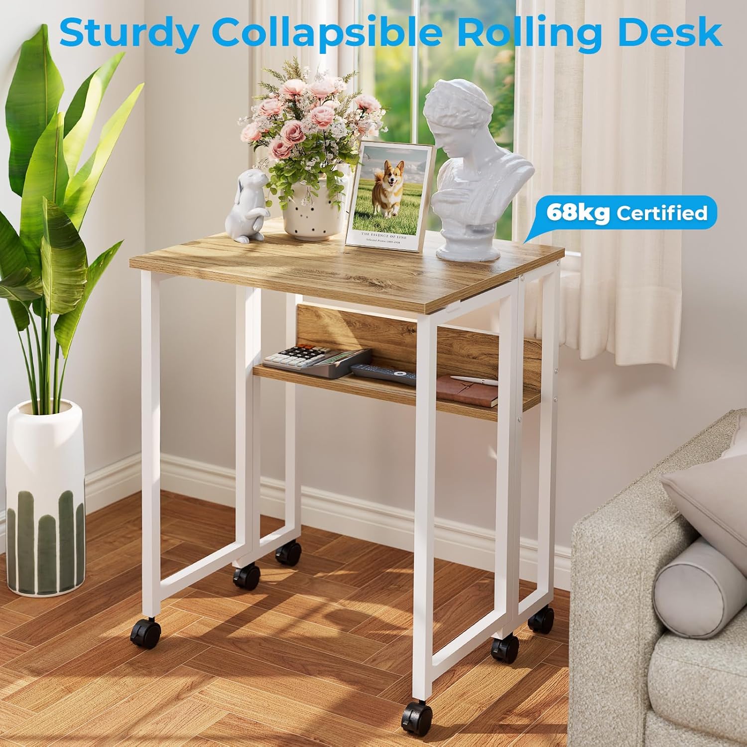 GreenForest Kleiner Klappschreibtisch, 63 cm Klappschreibtisch mit Rollen, einfache Montage, Klappschreibtisch mit Stauraum, Home-Office-Klapptisch, Beige – Bild 8