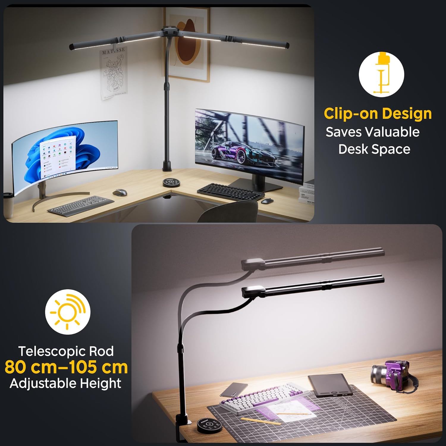 EYOCEAN Schreibtischlampe, 4 Lichtquellen, Teleskopstange mit verstellbarer Höhe, 24 W 100 cm Tageslichtlampe Schreibtisch mit Fernbedienung, dimmbare Monitorlampe, Schwanenhals-Büro-Tischlampe – Bild 6