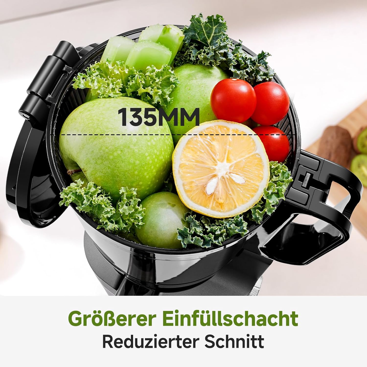 AMZCHEF Slow Juicer Entsafter – Entsafter Gemüse und Obst Testsieger für ganze Früchte, XXL 135 mm Öffnung, BPA-frei mit Rezeptbuch – 1,8 L Behälter, Dreifachfilter, Grau – Bild 3