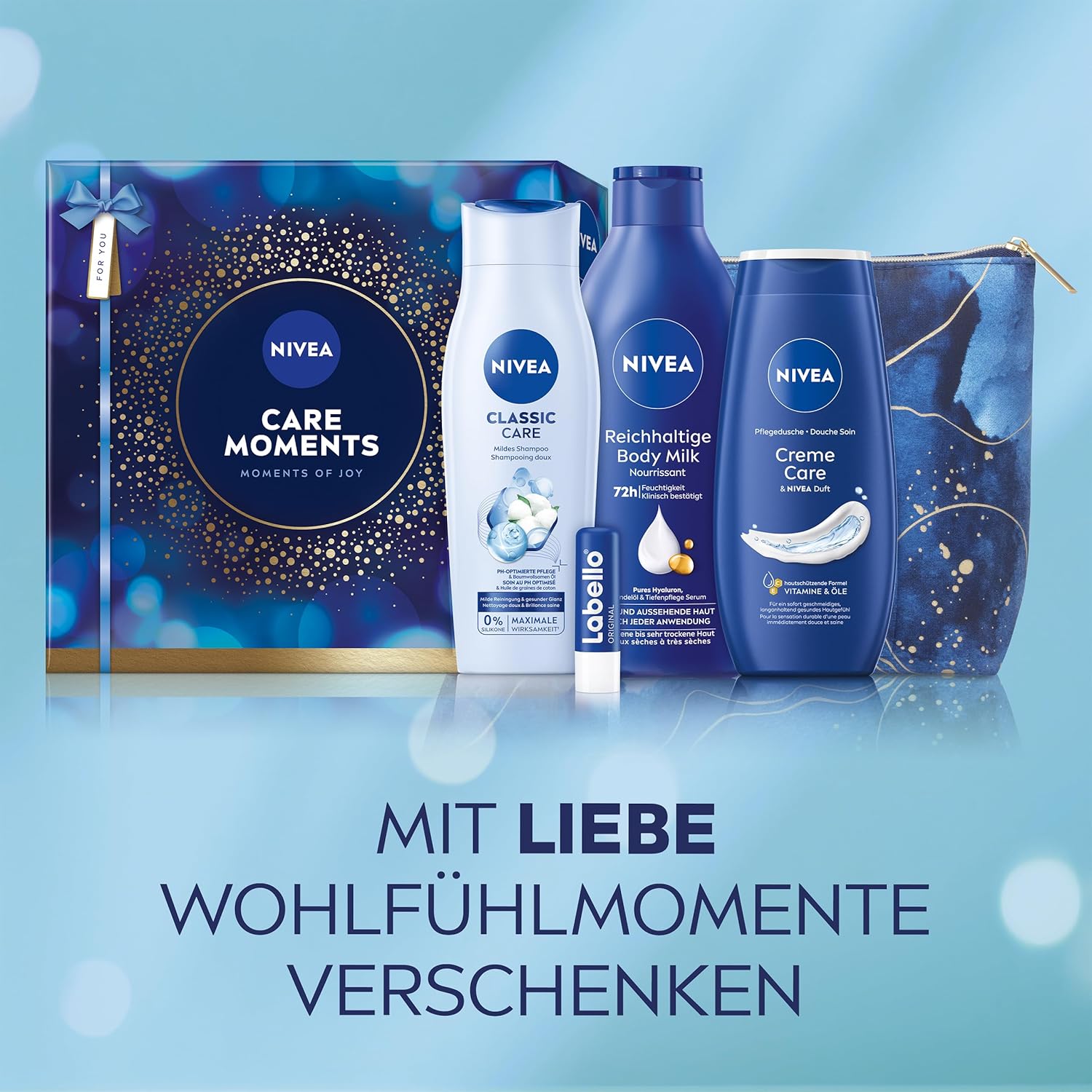 Nivea Care Moments Geschenkset, Geschenk für Frauen, Geschenkbox mit Duschgel (250 ml), Shampoo (250 ml), Körperlotion (400 ml), Labello Lippenpflege (4,8 g) und Kulturbeutel – Bild 3