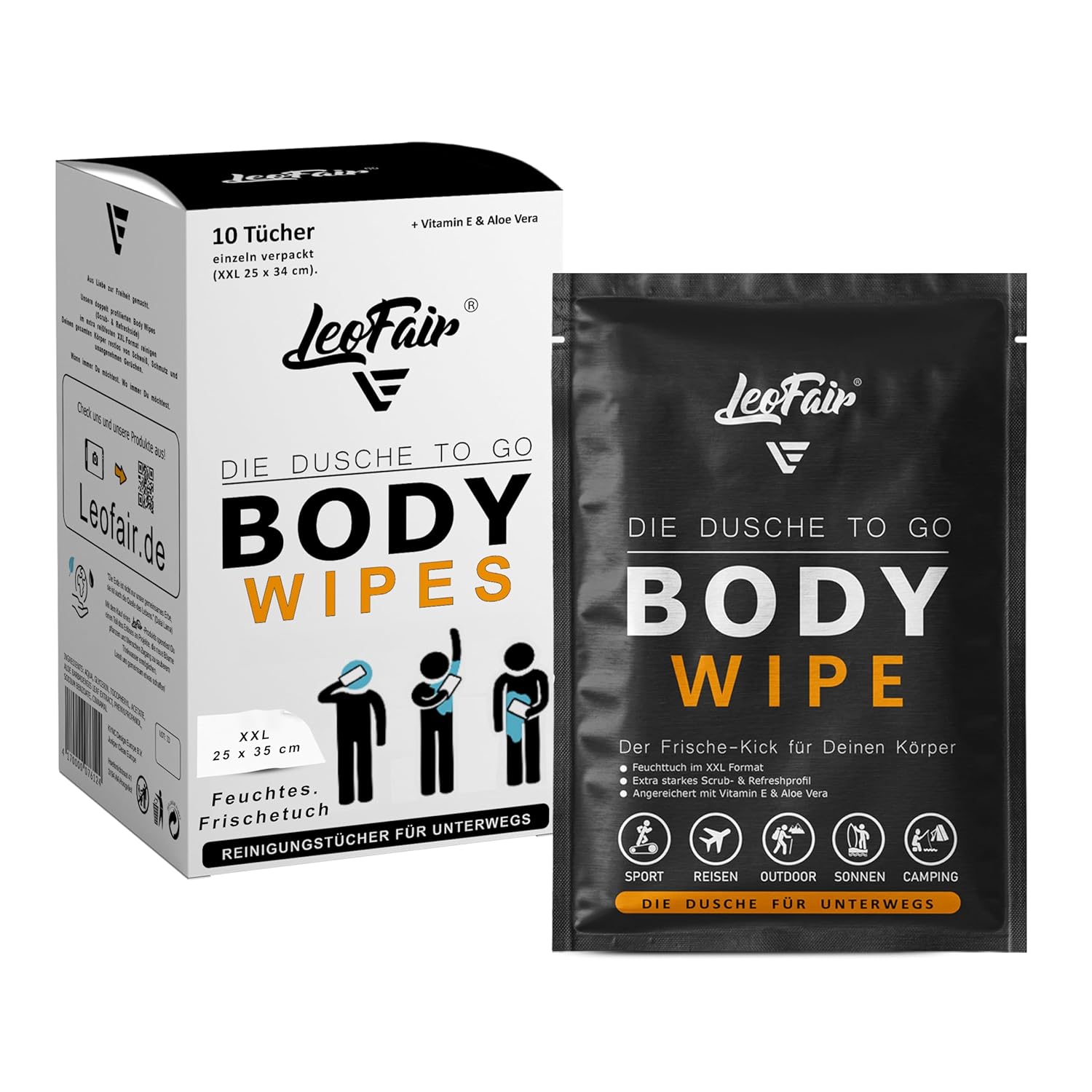 Body Wipes Einweg-Waschlappen XXL – Feuchte Waschlappen für Reisen, Camping, Festival & Unterwegs – 10 große Feuchttücher einzeln verpackt für Gesicht und Körper