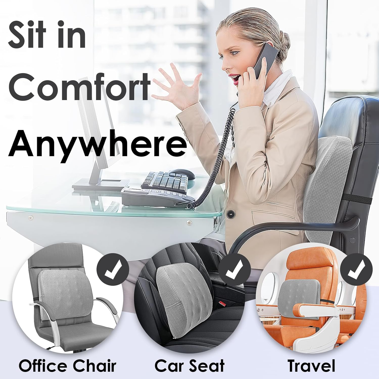 Auto-Lendenkissen, Memory-Schaum-Lendenwirbelstützkissen, Autositz-Rückenkissen, ergonomisches Rückenkissen für Auto, Zuhause, Büro, Rollstuhl, Grau – Bild 4