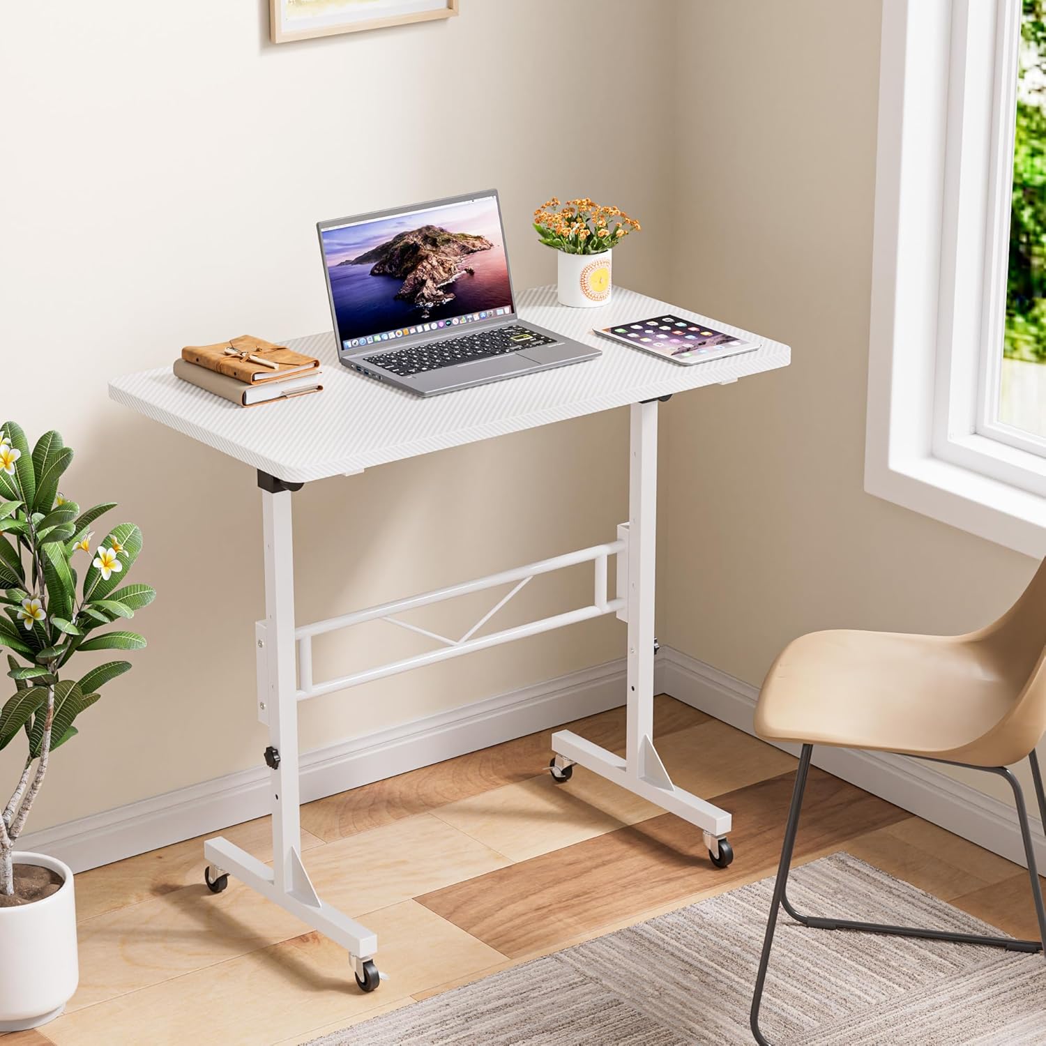 HOMIDEC Höhenverstellbarer Schreibtisch mit Rollen, Tisch, Computertisch, Stehpult, höhenverstellbar für Gehpad, Laufband für Zuhause, PC-Tisch klein für Heimbüro, 80 x 40 cm, Weiß – Bild 5
