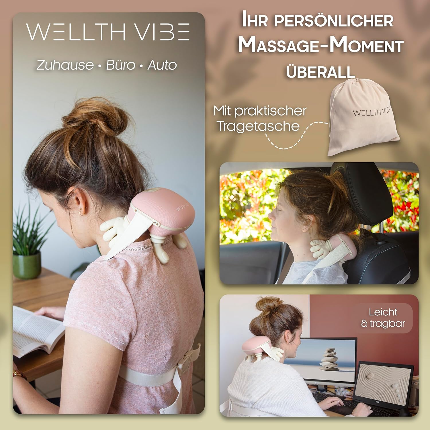Nackenmassagegerät mit Wärme, Shiatsu-Massagegerät für Nacken, Schulter und Rücken, 4D-Tiefenmassage wie echte Hände, kabellos elektrisch, 3 Intensitätsstufen, tragbar für Zuhause, Büro, Auto – WELLTH VIBE – Bild 5