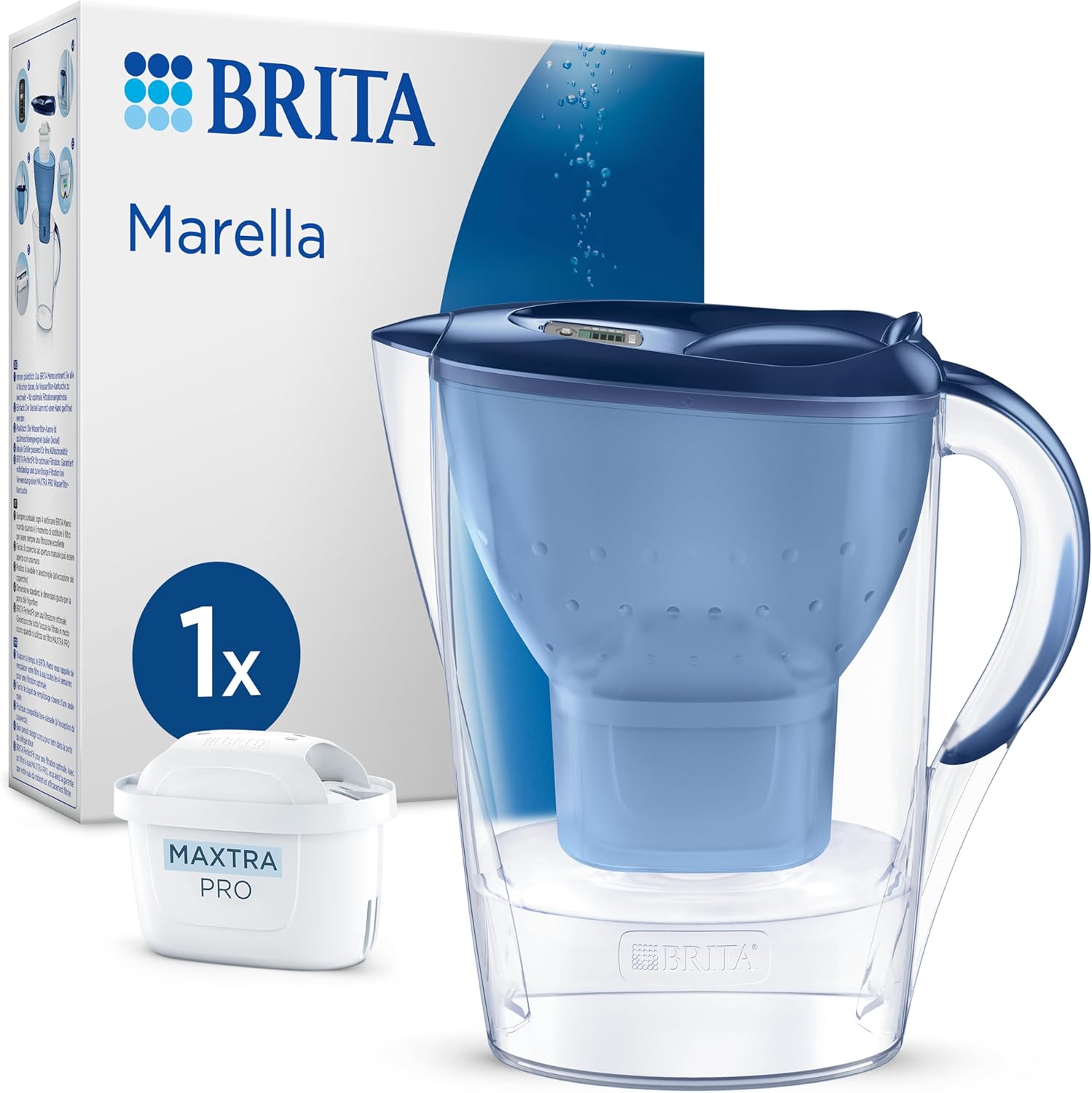 BRITA Wasserfilterkanne Marella Blue (2,4 L) inklusive 1 x Maxtra Pro Pure Performance Kartusche – kühlschrankgeeignete Filterkanne mit BRITA Memo, Klappdeckel, filtert Verunreinigungen